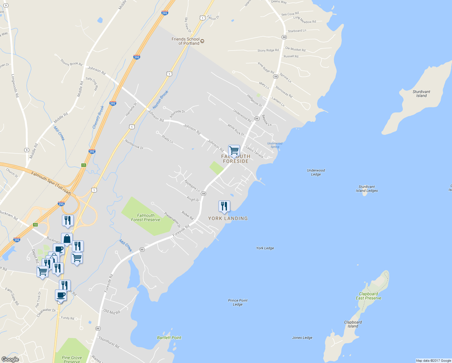 map of restaurants, bars, coffee shops, grocery stores, and more near 10 Ramsdell Road in Falmouth