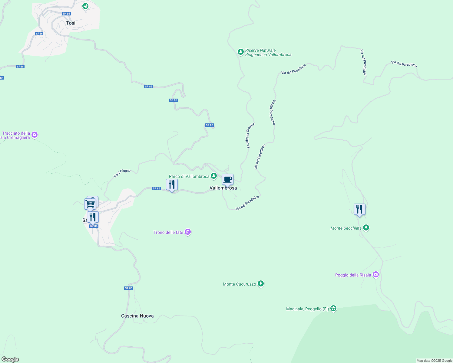map of restaurants, bars, coffee shops, grocery stores, and more near SP 85 di Vallombrosa in Vallombrosa