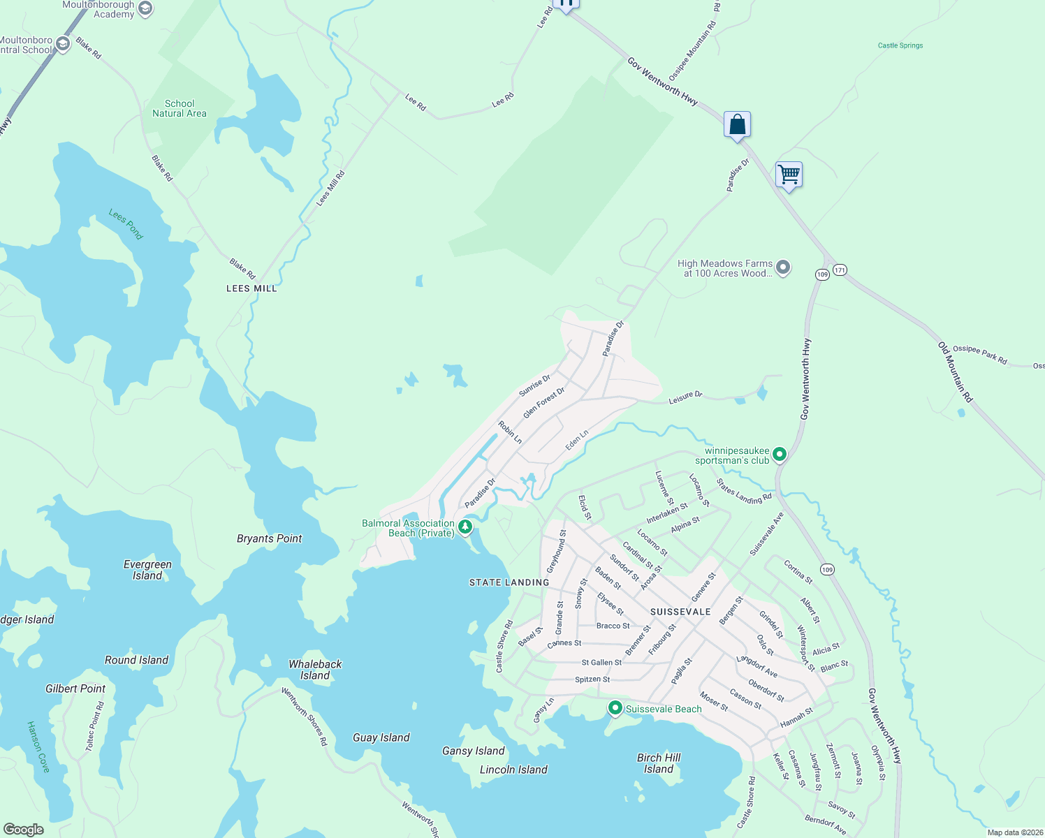 map of restaurants, bars, coffee shops, grocery stores, and more near 86 Glen Forest Drive in Moultonborough
