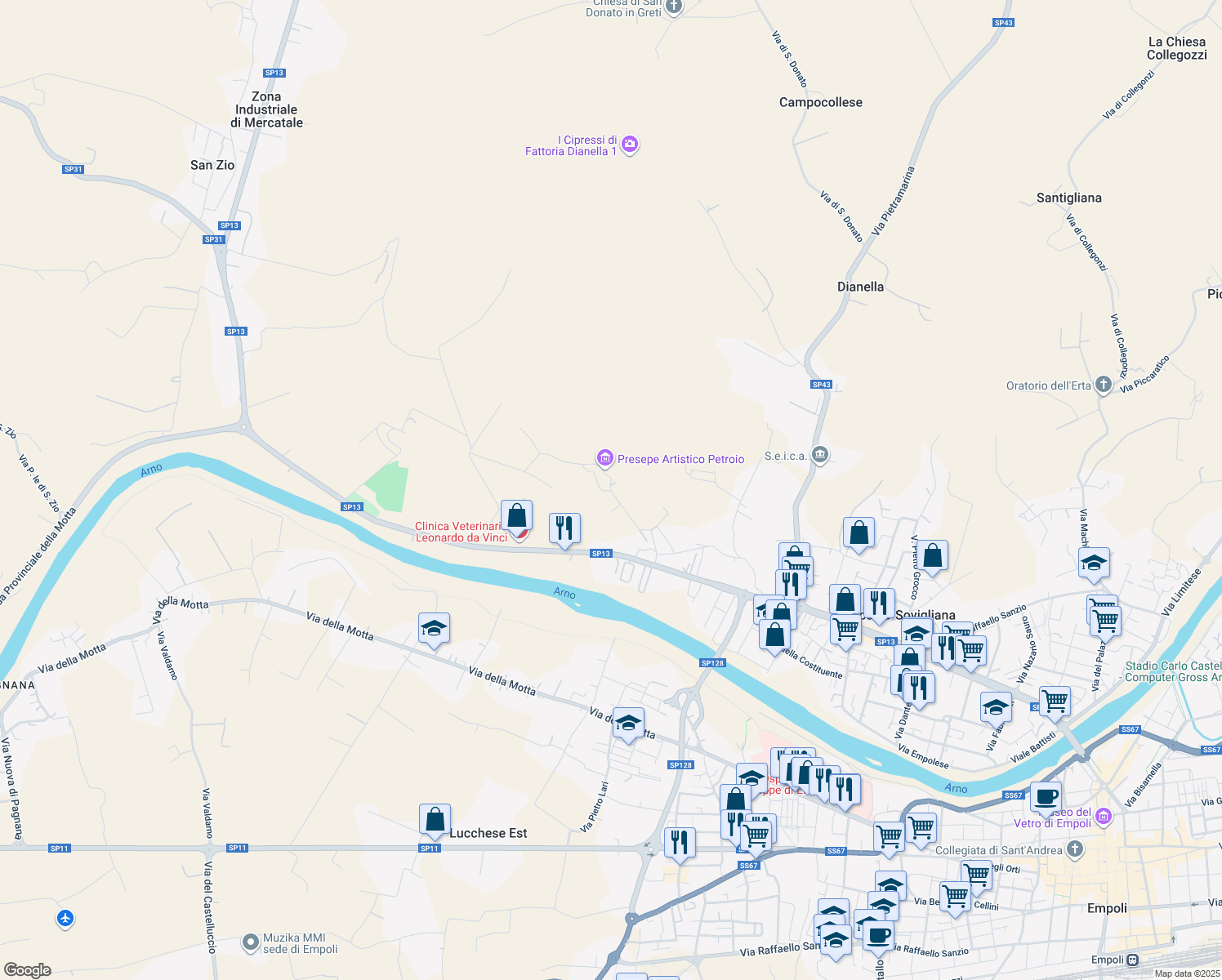 map of restaurants, bars, coffee shops, grocery stores, and more near 3 Via di Petroio in Città Metropolitana di Firenze