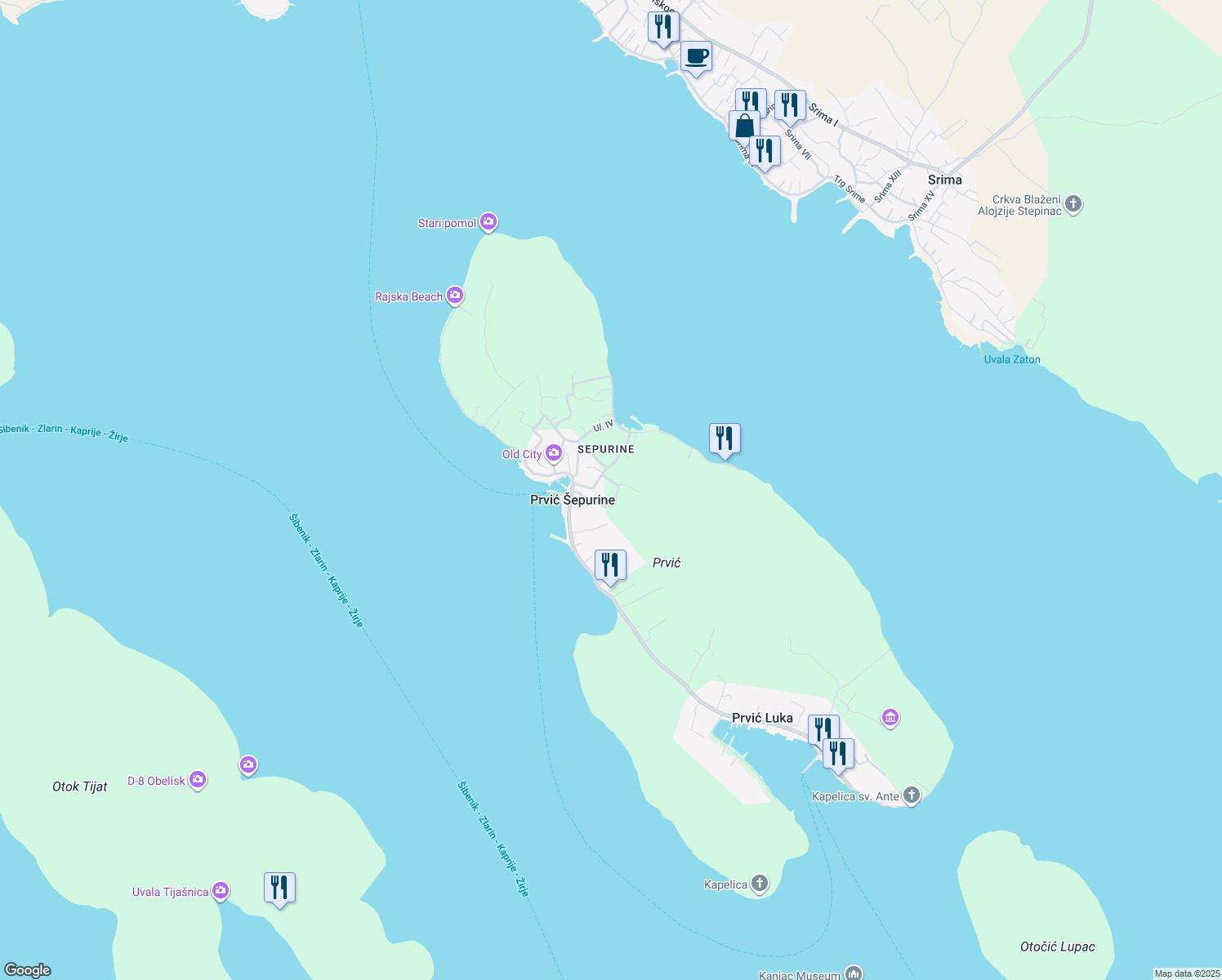 map of restaurants, bars, coffee shops, grocery stores, and more near in Prvić Šepurine