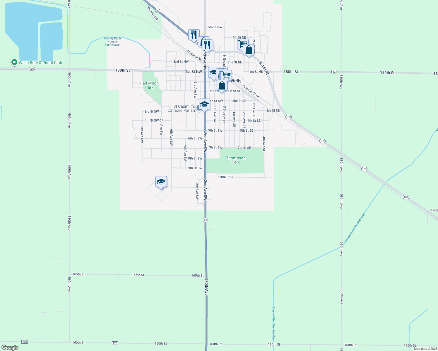 map of restaurants, bars, coffee shops, grocery stores, and more near 115 10th Street Southeast in Wells