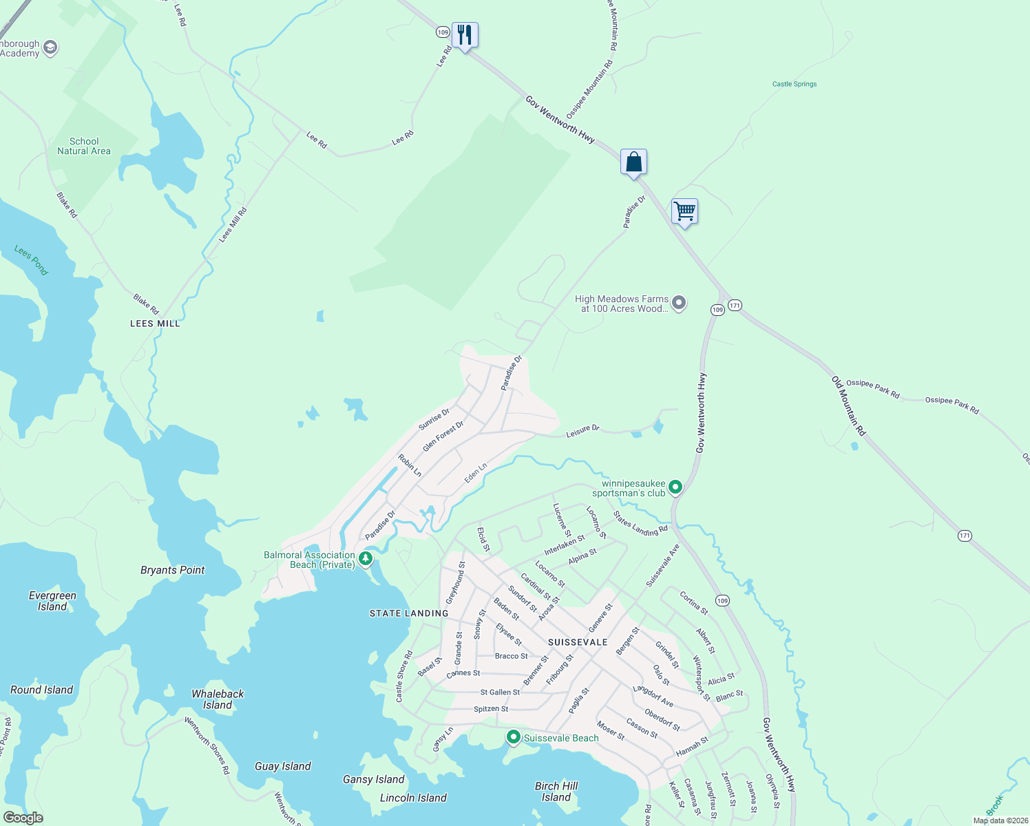 map of restaurants, bars, coffee shops, grocery stores, and more near 24 Shangri-La Drive in Moultonborough