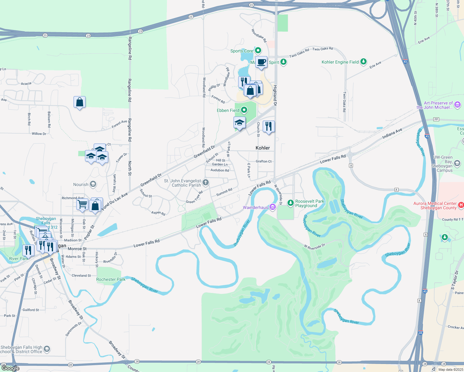 map of restaurants, bars, coffee shops, grocery stores, and more near 418 Summit Road in Kohler