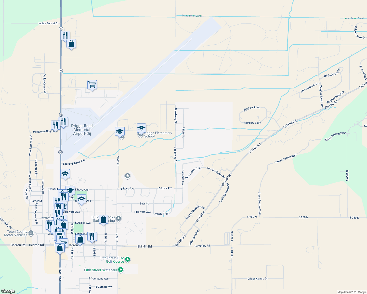 map of restaurants, bars, coffee shops, grocery stores, and more near Piute St in Driggs