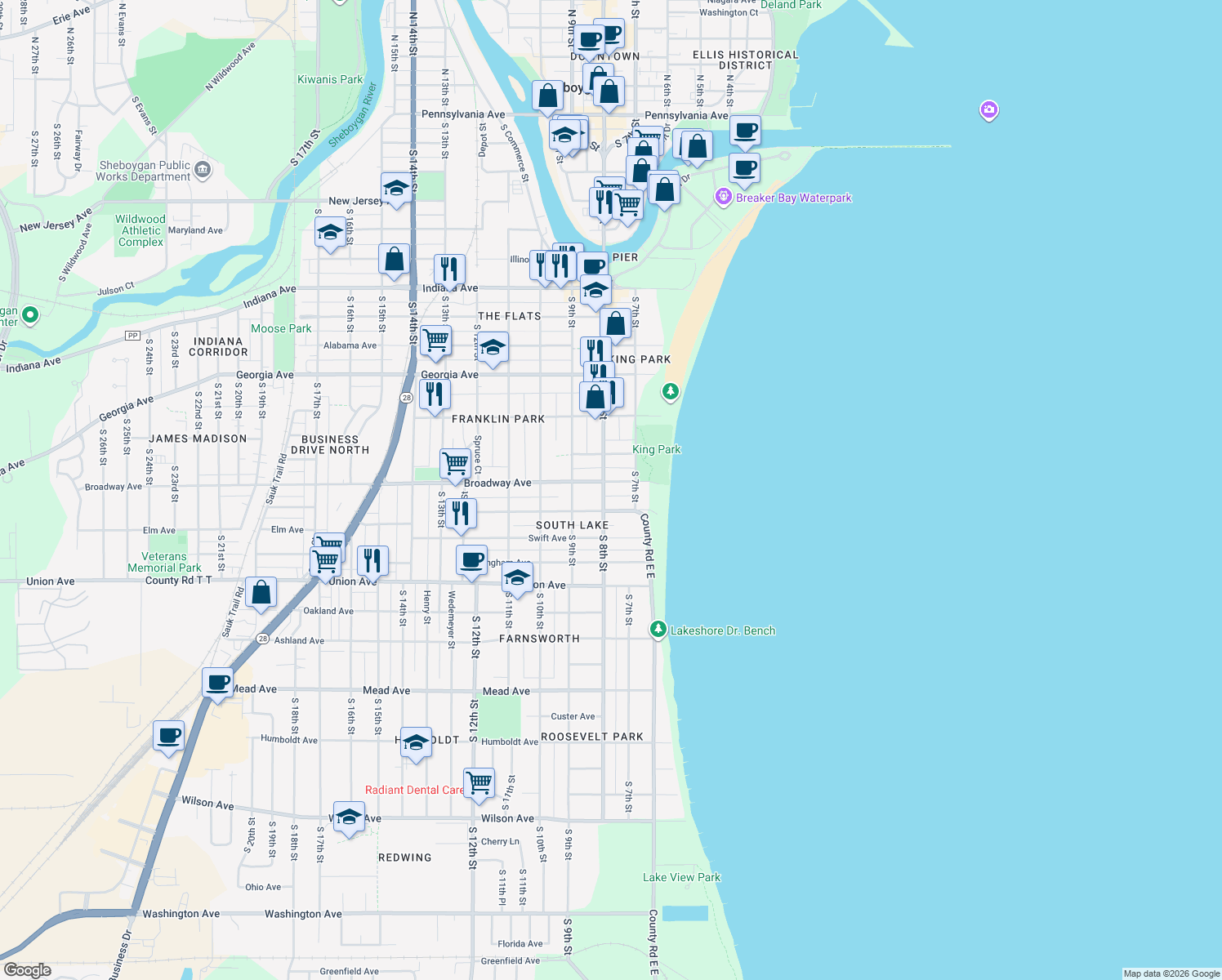 map of restaurants, bars, coffee shops, grocery stores, and more near 733 Broadway Ave in Sheboygan