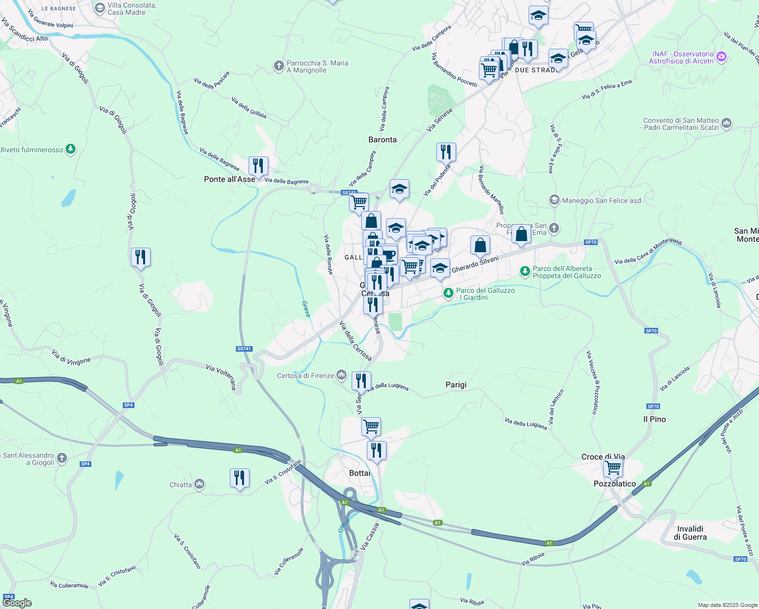 map of restaurants, bars, coffee shops, grocery stores, and more near 266A Via Senese in Firenze