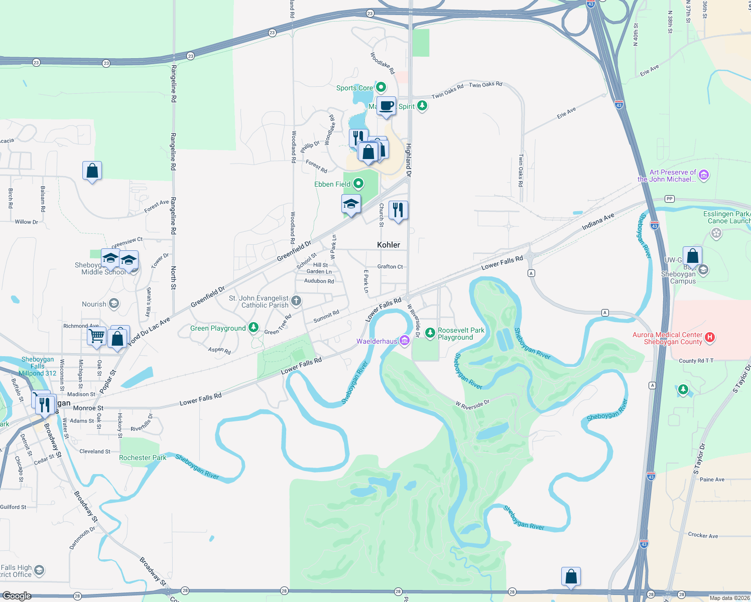 map of restaurants, bars, coffee shops, grocery stores, and more near 166 South Road in Kohler