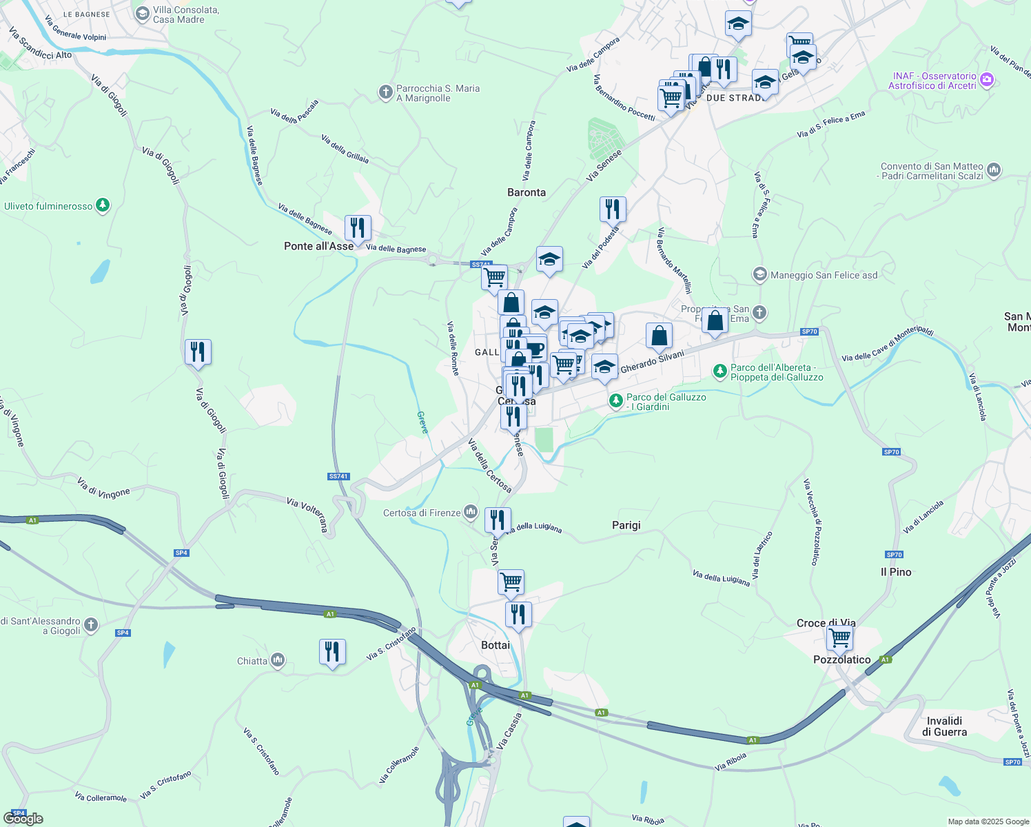 map of restaurants, bars, coffee shops, grocery stores, and more near 266A Via Senese in Firenze