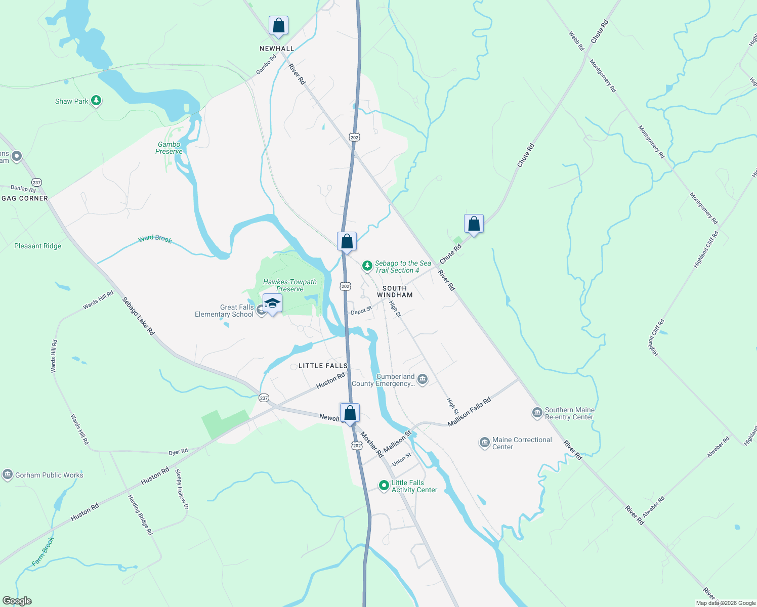 map of restaurants, bars, coffee shops, grocery stores, and more near 19 Station Lane in Windham