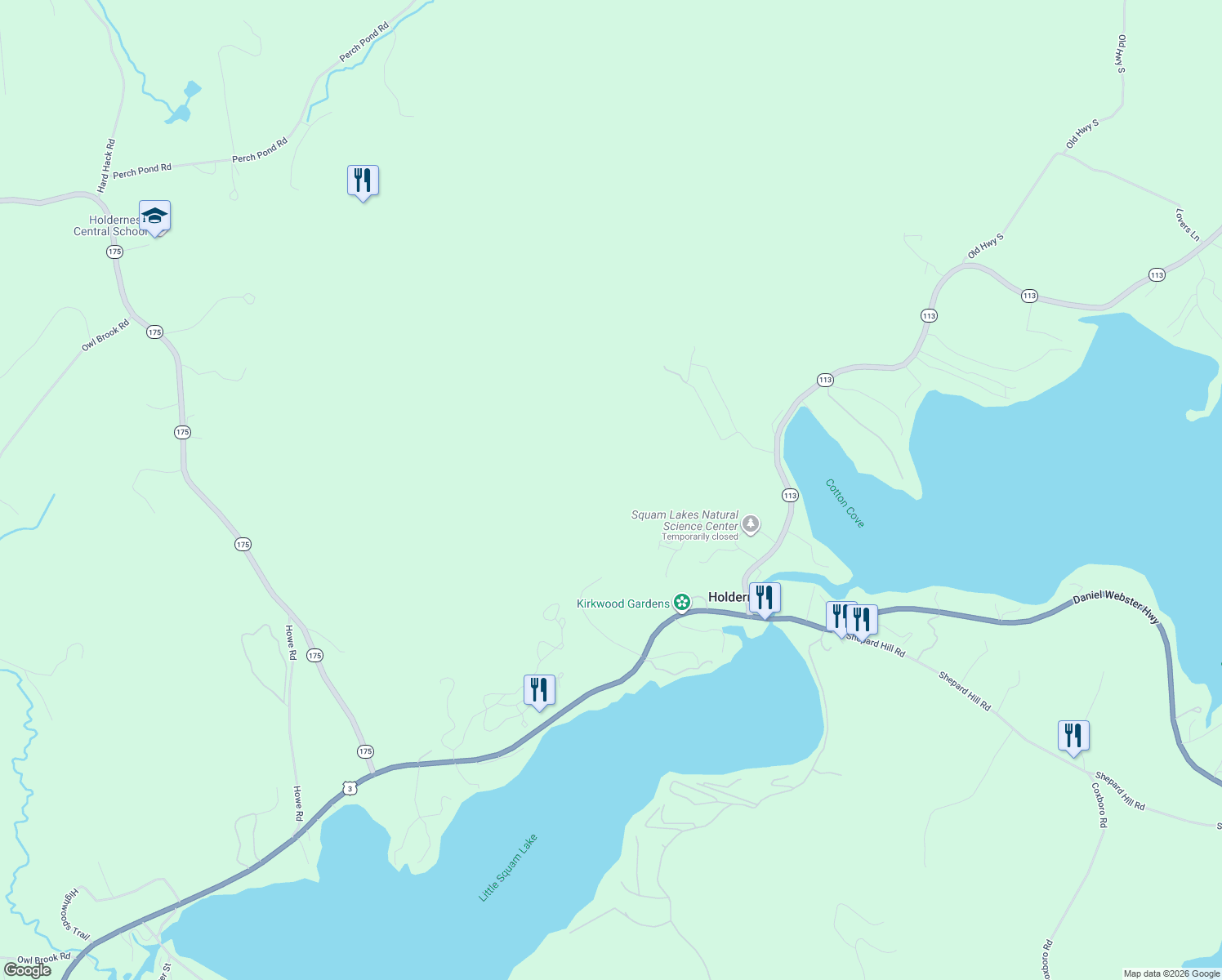 map of restaurants, bars, coffee shops, grocery stores, and more near 22 Raptor Road in Holderness