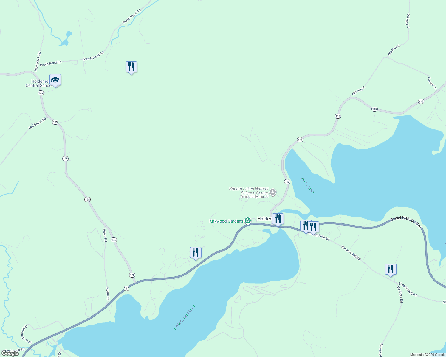 map of restaurants, bars, coffee shops, grocery stores, and more near 22 Science Center Road in Holderness