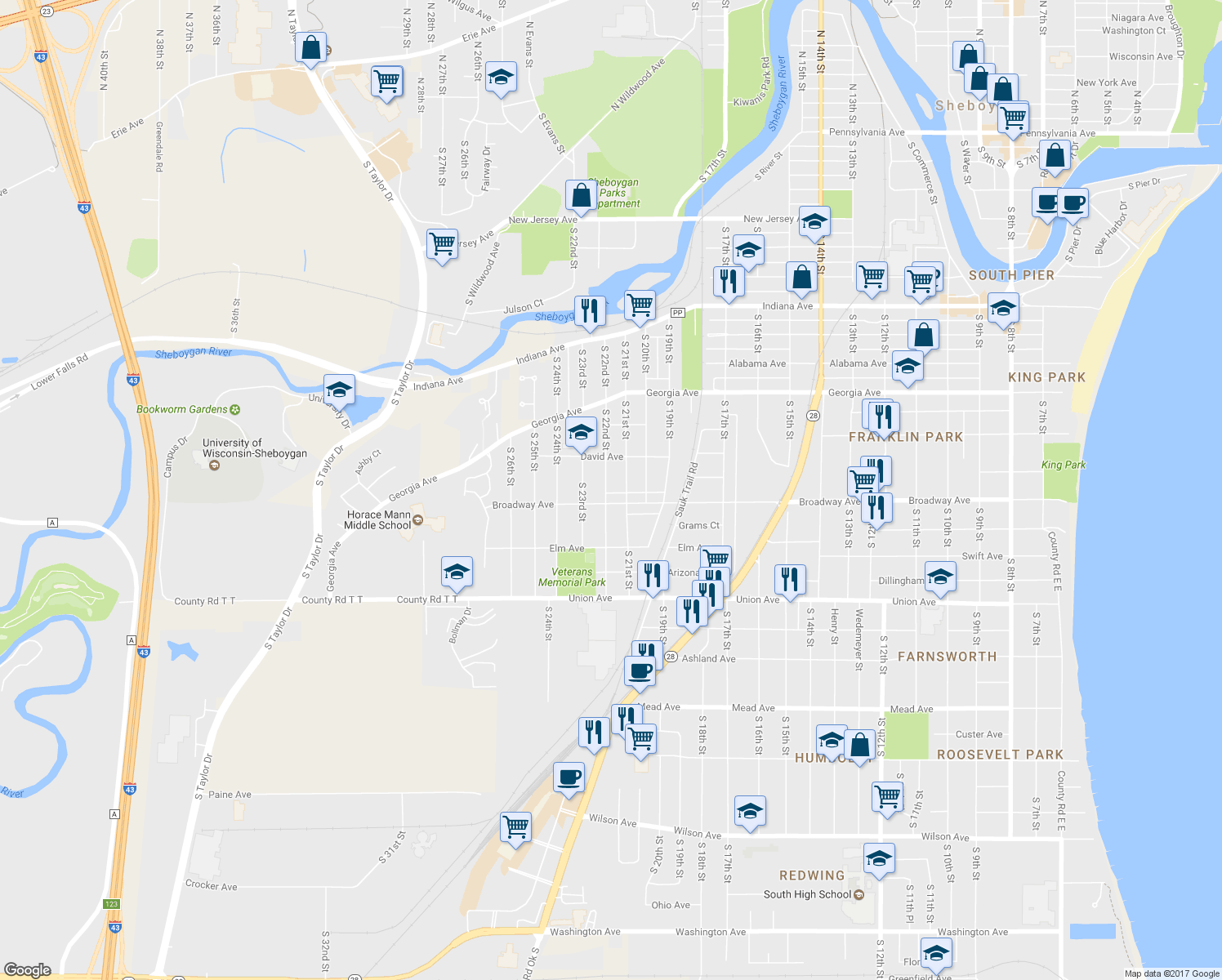 map of restaurants, bars, coffee shops, grocery stores, and more near 1643 South 22nd Street in Sheboygan