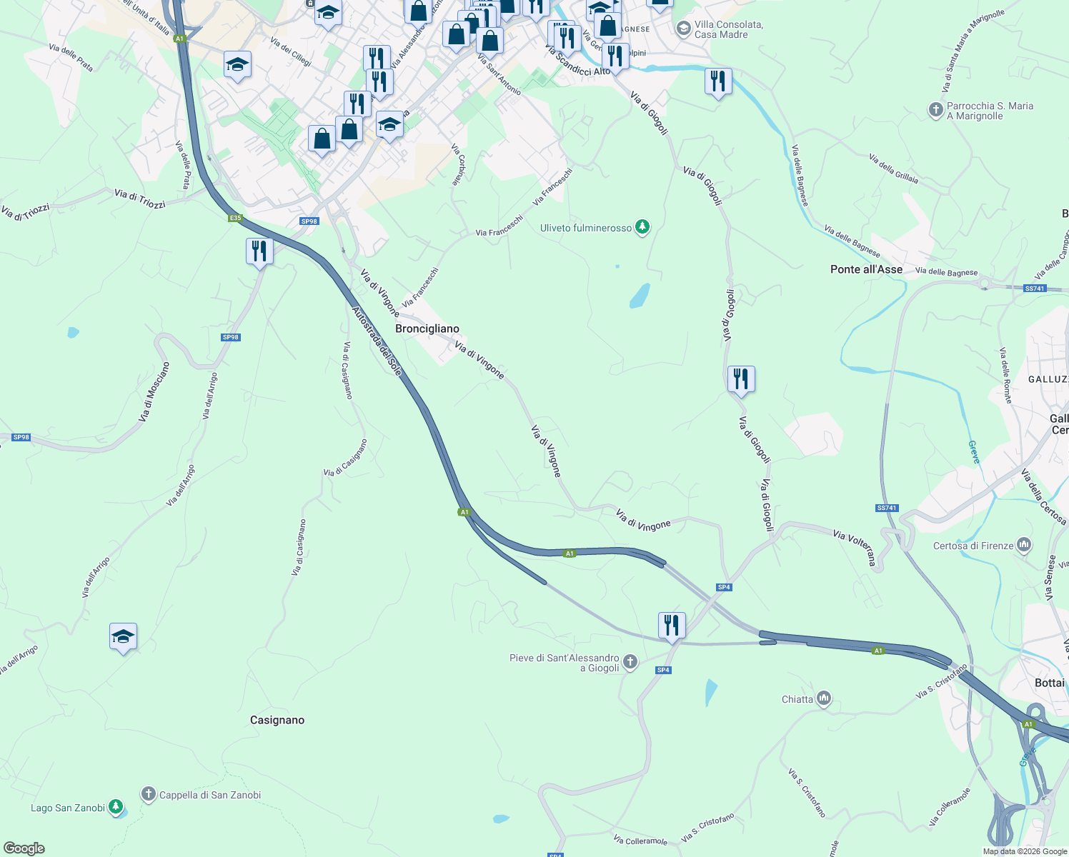 map of restaurants, bars, coffee shops, grocery stores, and more near 7 Via di Vingone in Scandicci