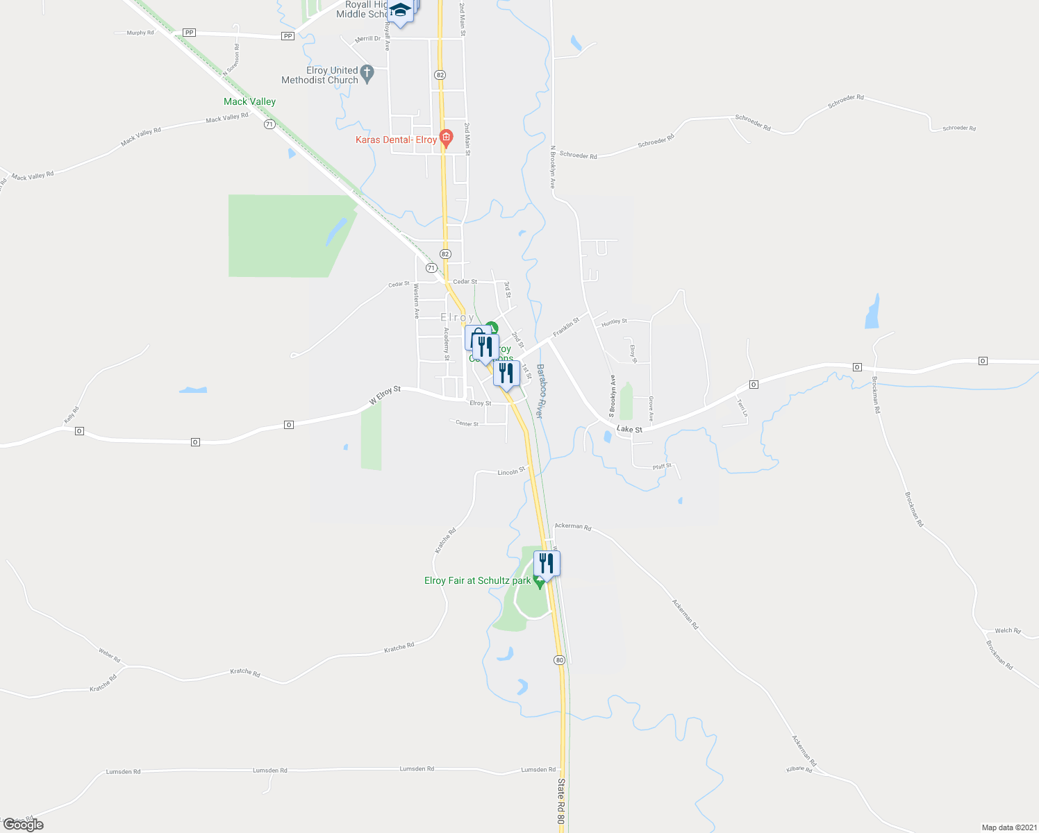 map of restaurants, bars, coffee shops, grocery stores, and more near 130 South Main Street in Elroy