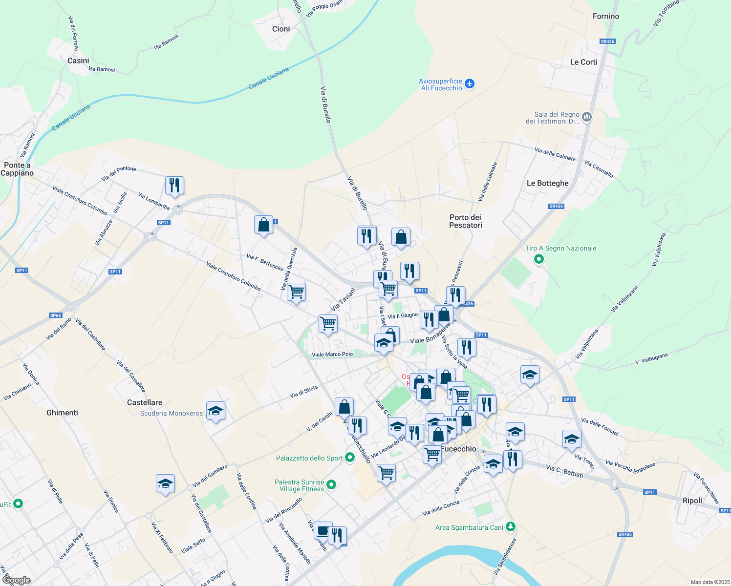 map of restaurants, bars, coffee shops, grocery stores, and more near 2O Via Don Giovanni Minzoni in Fucecchio