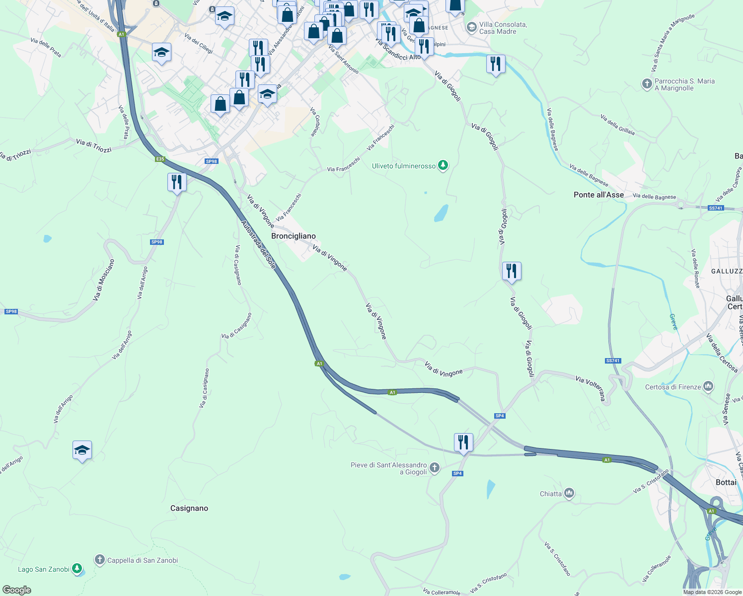 map of restaurants, bars, coffee shops, grocery stores, and more near 7 Via di Vingone in Scandicci