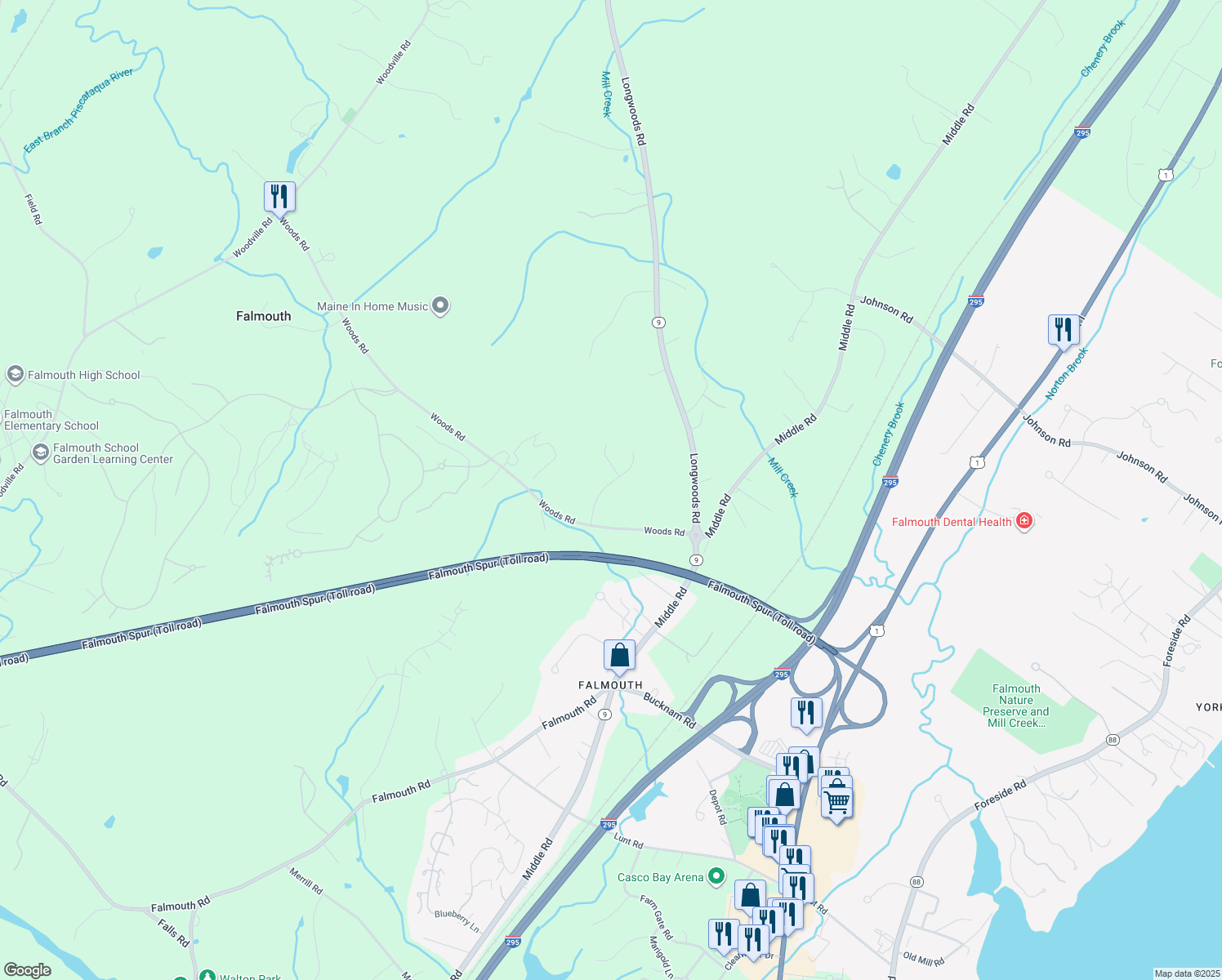 map of restaurants, bars, coffee shops, grocery stores, and more near 9 Cornerstone Dr in Falmouth