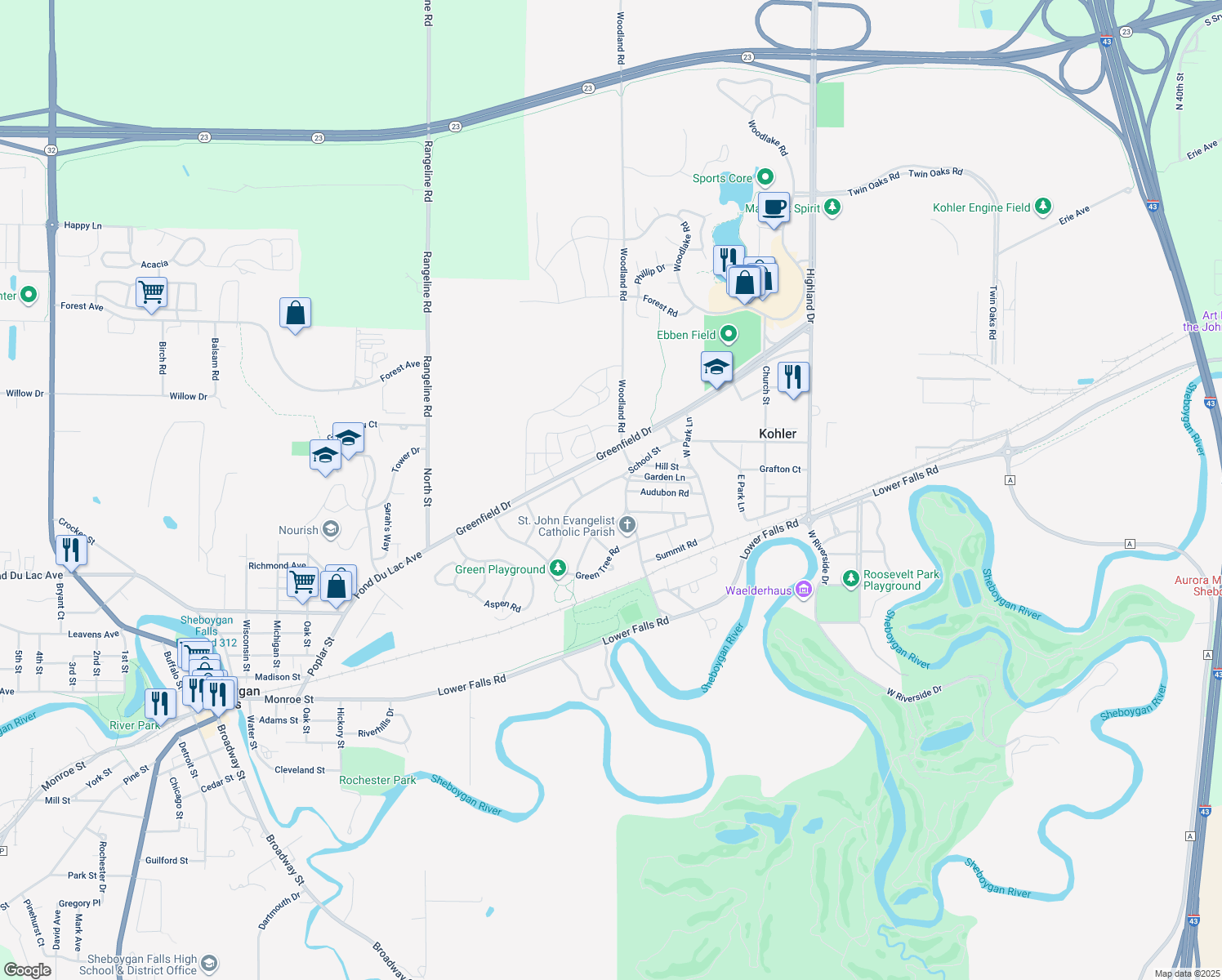 map of restaurants, bars, coffee shops, grocery stores, and more near 607 School St in Kohler