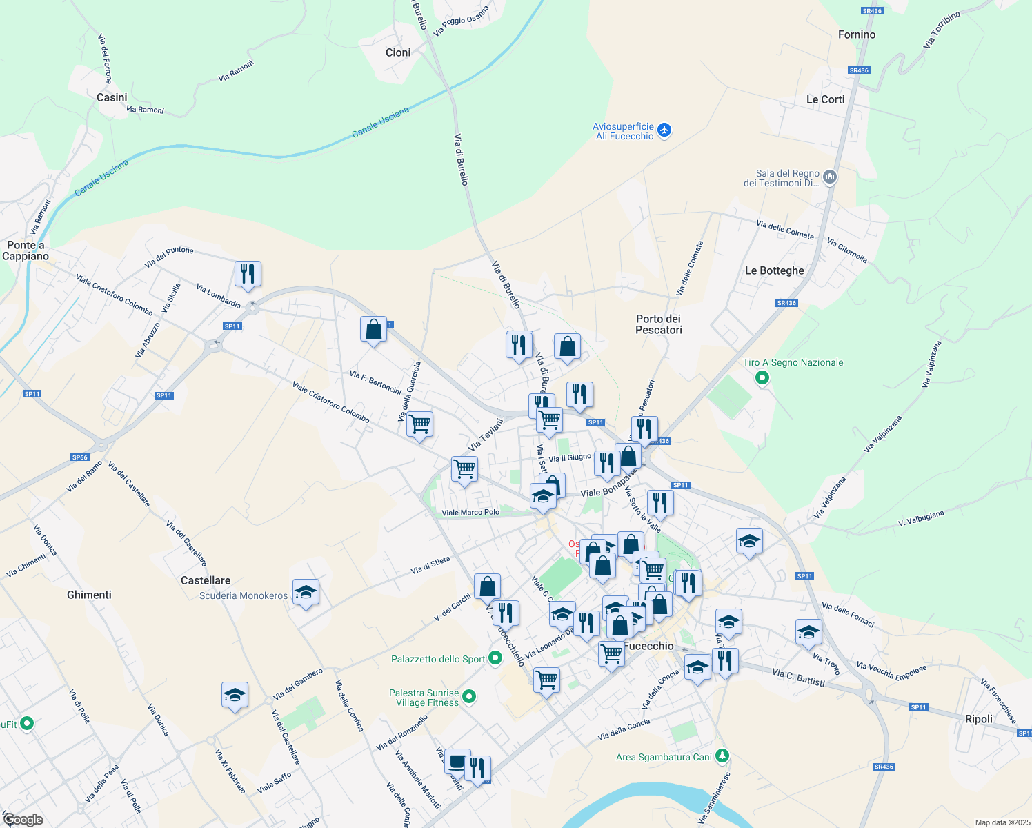 map of restaurants, bars, coffee shops, grocery stores, and more near 2O Via Don Giovanni Minzoni in Fucecchio