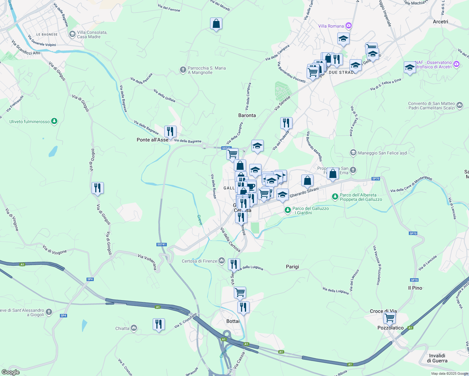 map of restaurants, bars, coffee shops, grocery stores, and more near 46n Via San Michele delle Campora in Firenze