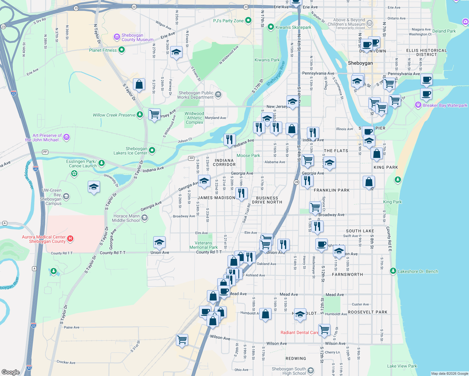 map of restaurants, bars, coffee shops, grocery stores, and more near 1447 S 20th St in Sheboygan