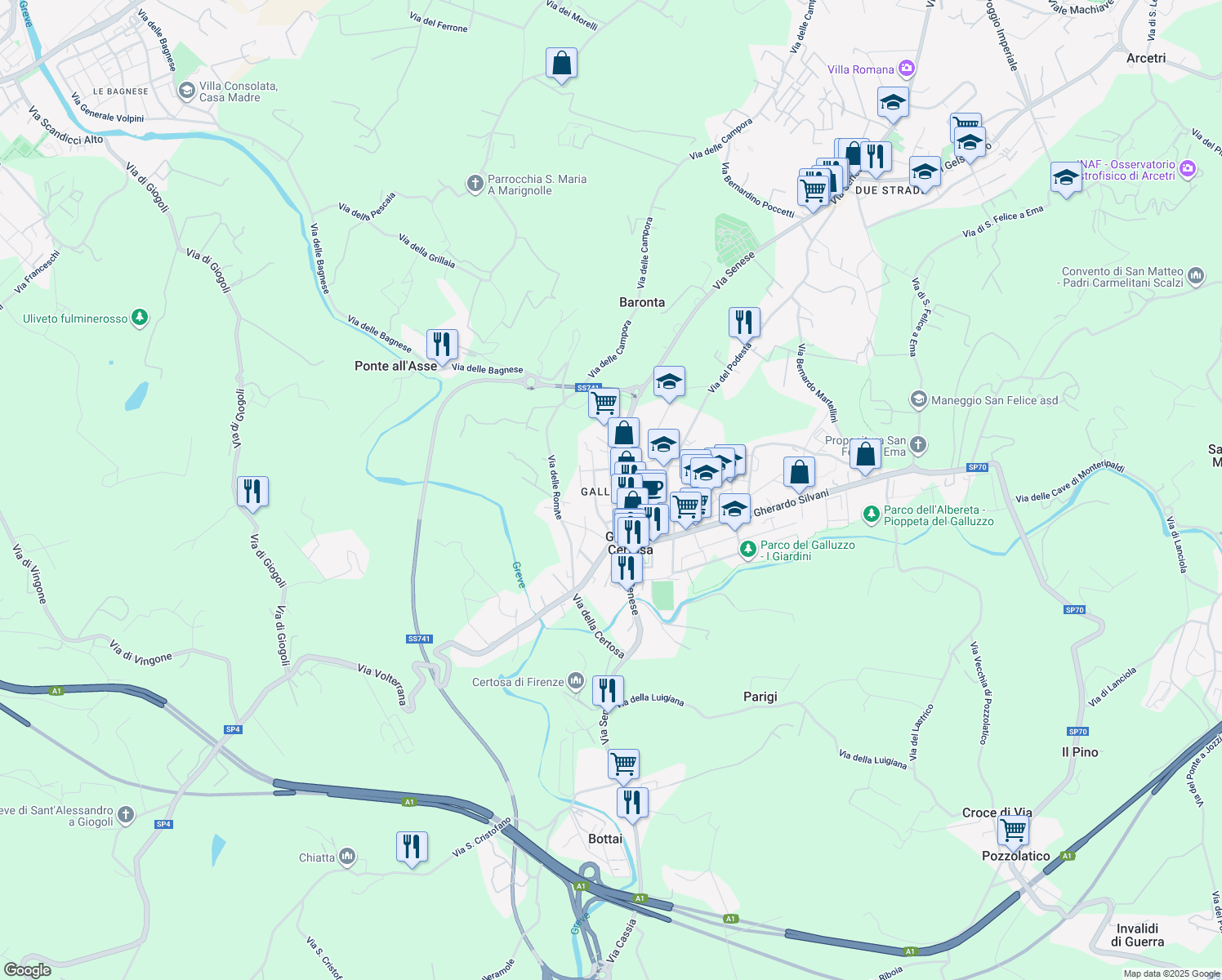 map of restaurants, bars, coffee shops, grocery stores, and more near 46n Via San Michele delle Campora in Firenze