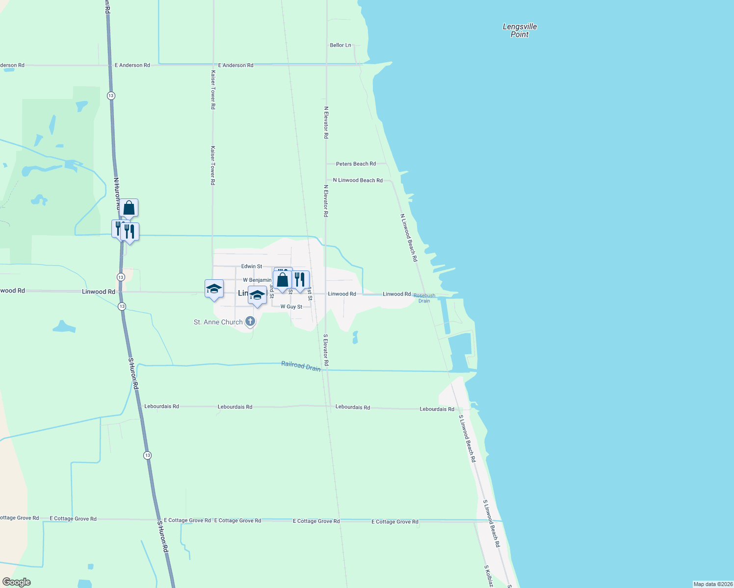 map of restaurants, bars, coffee shops, grocery stores, and more near 1828 East Linwood Road in Linwood
