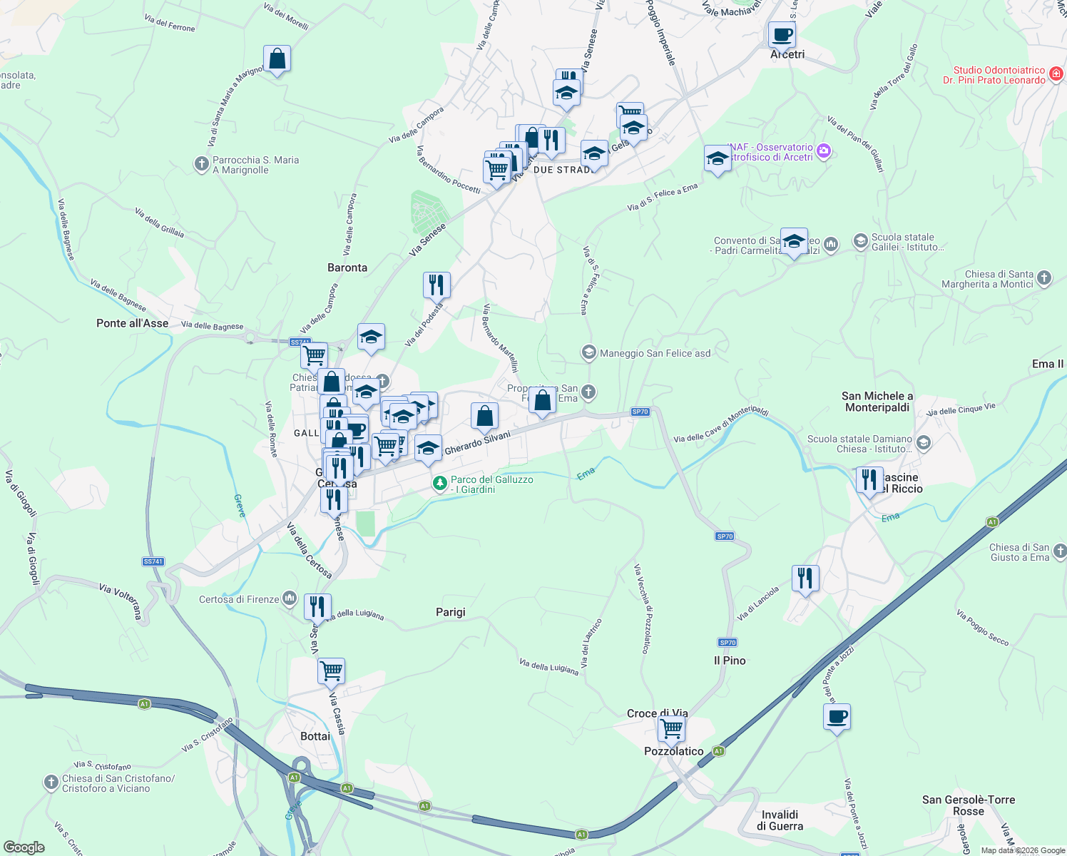 map of restaurants, bars, coffee shops, grocery stores, and more near 142/B Via Gherardo Silvani in Firenze