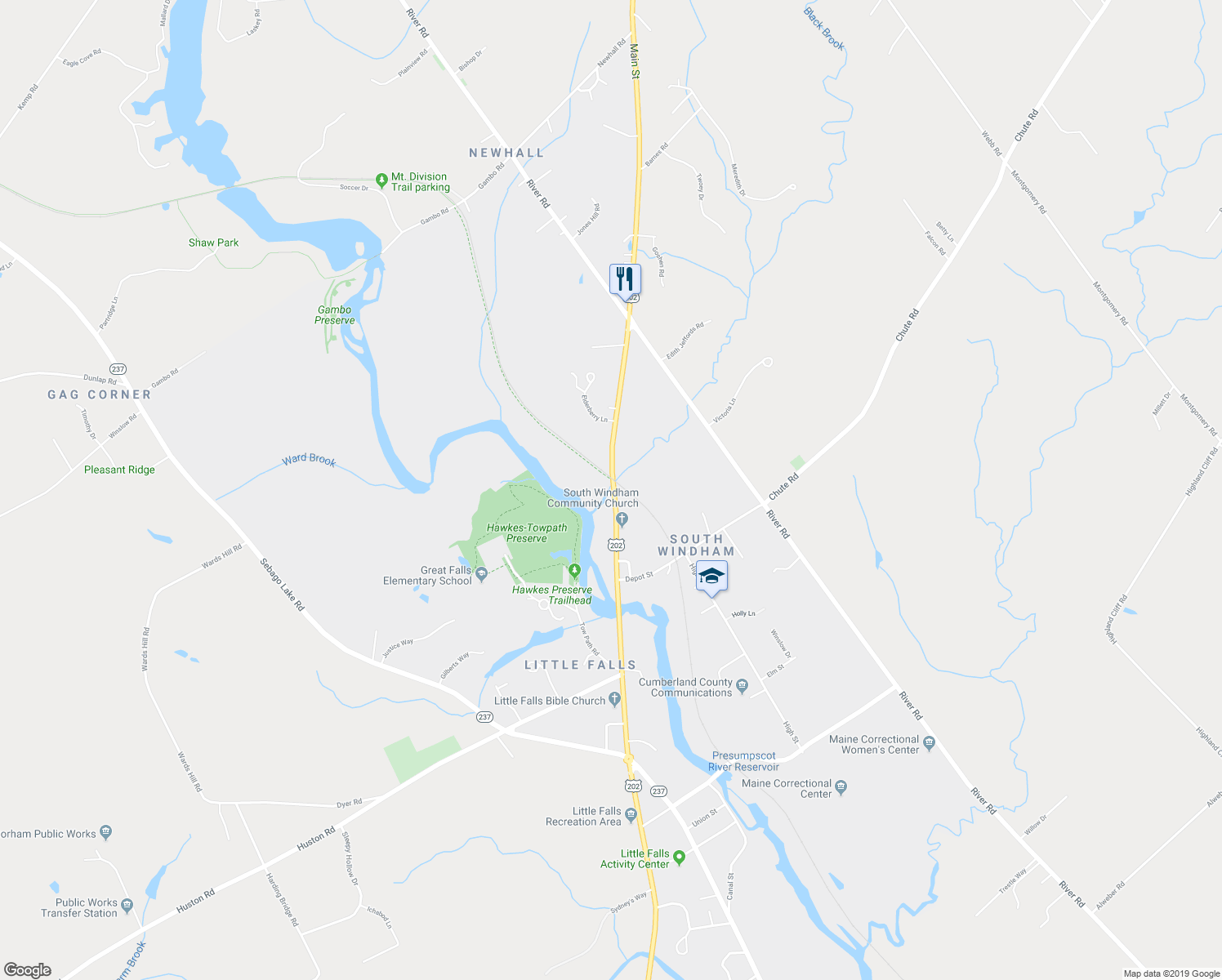 map of restaurants, bars, coffee shops, grocery stores, and more near 42 Main Street in Windham