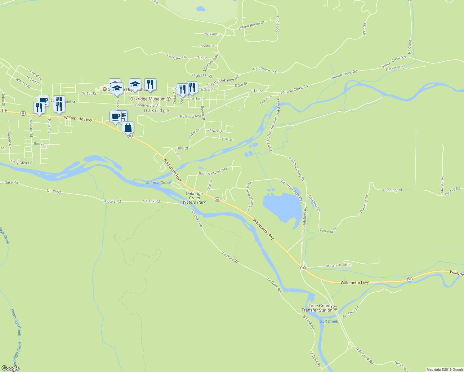 map of restaurants, bars, coffee shops, grocery stores, and more near 76160 Coho Lane in Oakridge