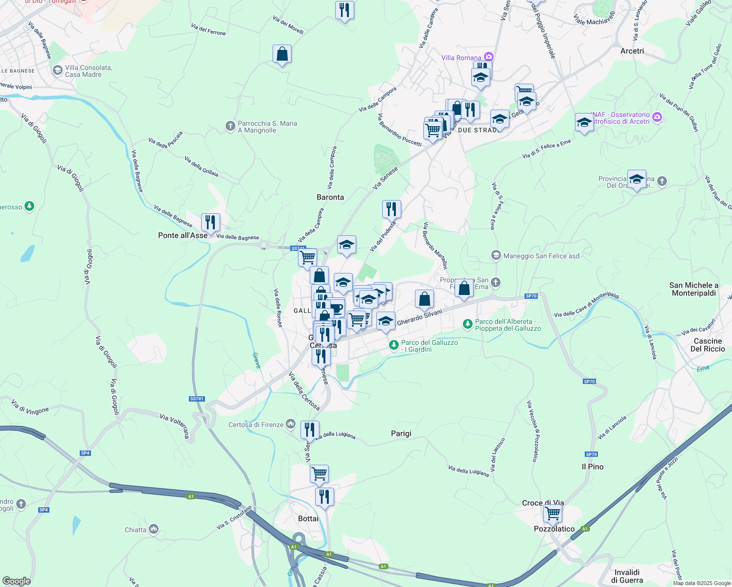 map of restaurants, bars, coffee shops, grocery stores, and more near 12 Via Cammillo Barni in Firenze