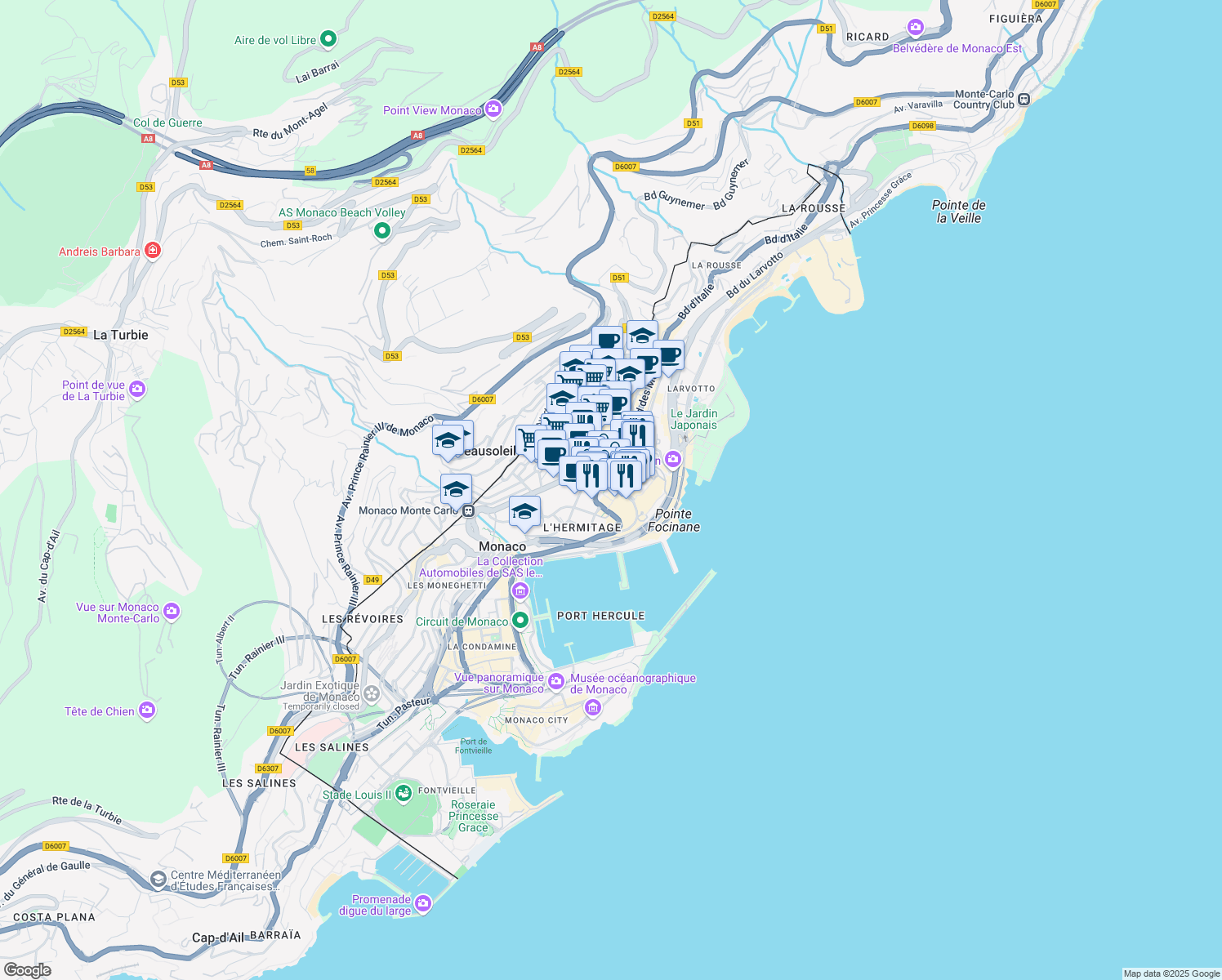 map of restaurants, bars, coffee shops, grocery stores, and more near in Monaco