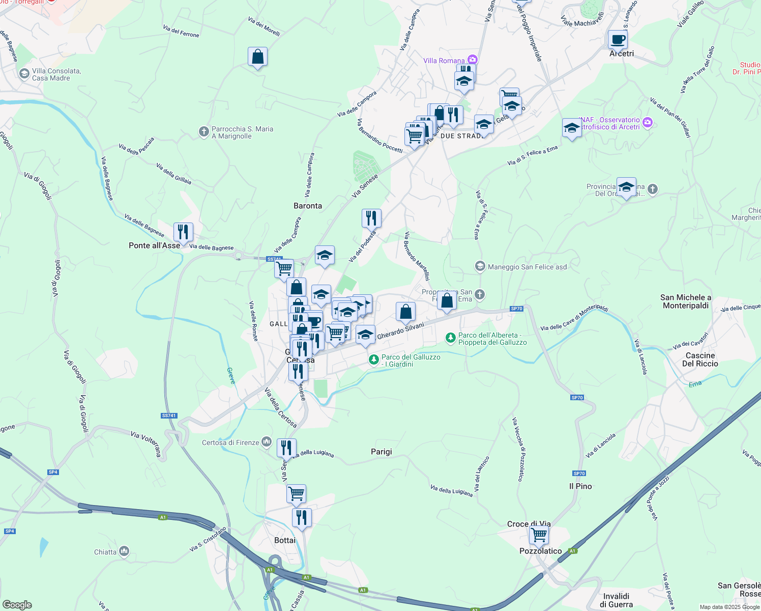 map of restaurants, bars, coffee shops, grocery stores, and more near 12 Via Camillo Barni in Florence