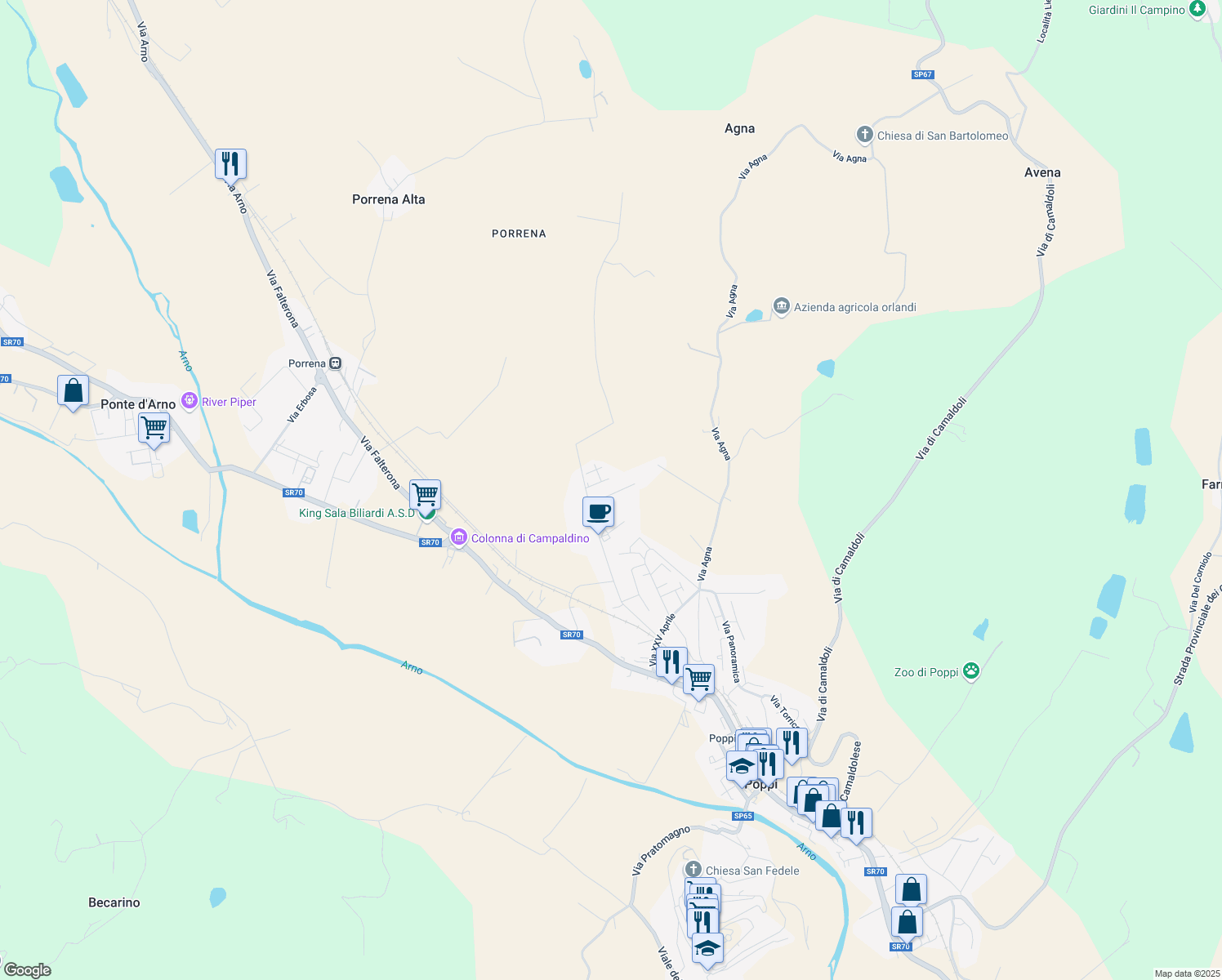 map of restaurants, bars, coffee shops, grocery stores, and more near 4 Via della Vigna in Poppi