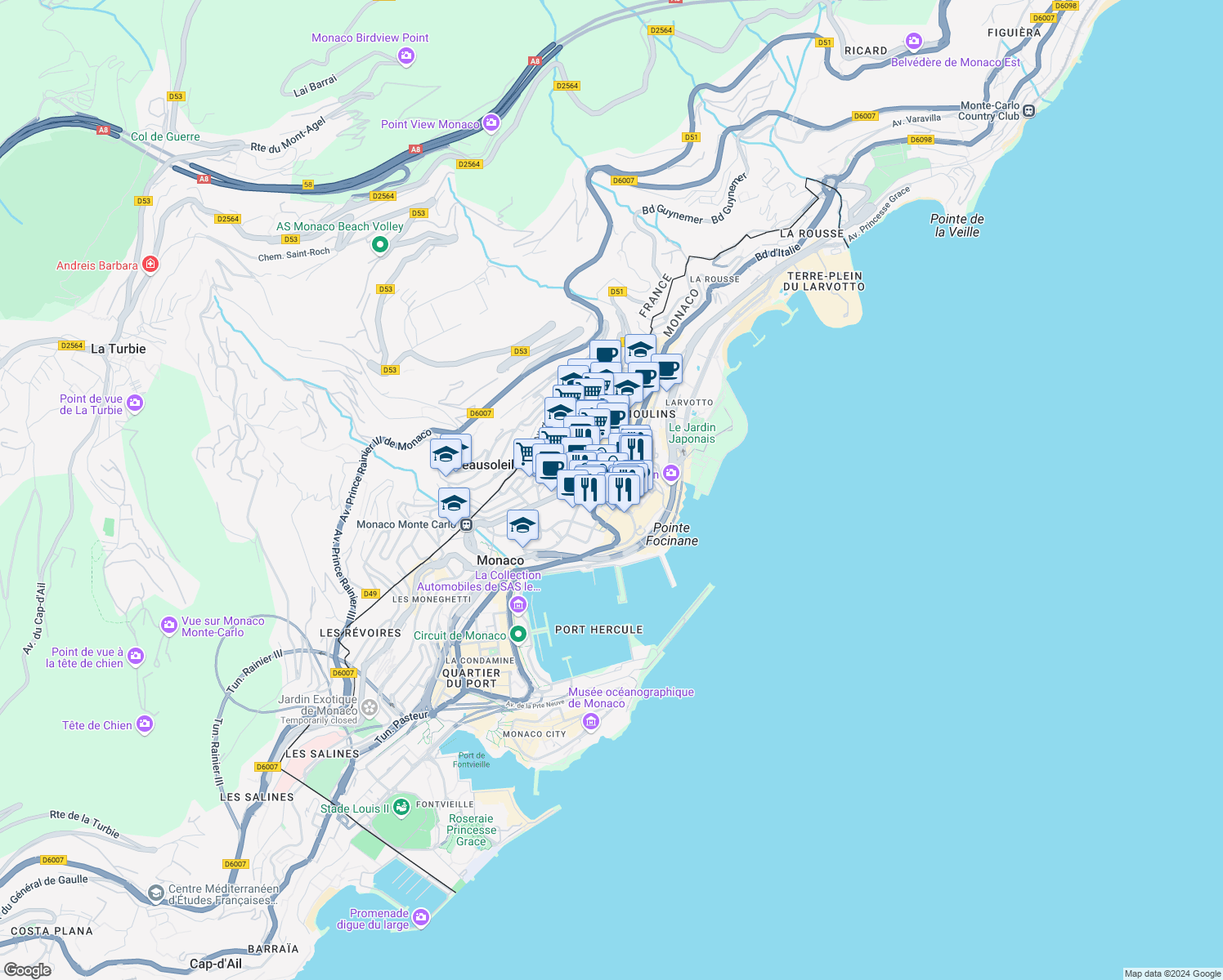 map of restaurants, bars, coffee shops, grocery stores, and more near in Monaco