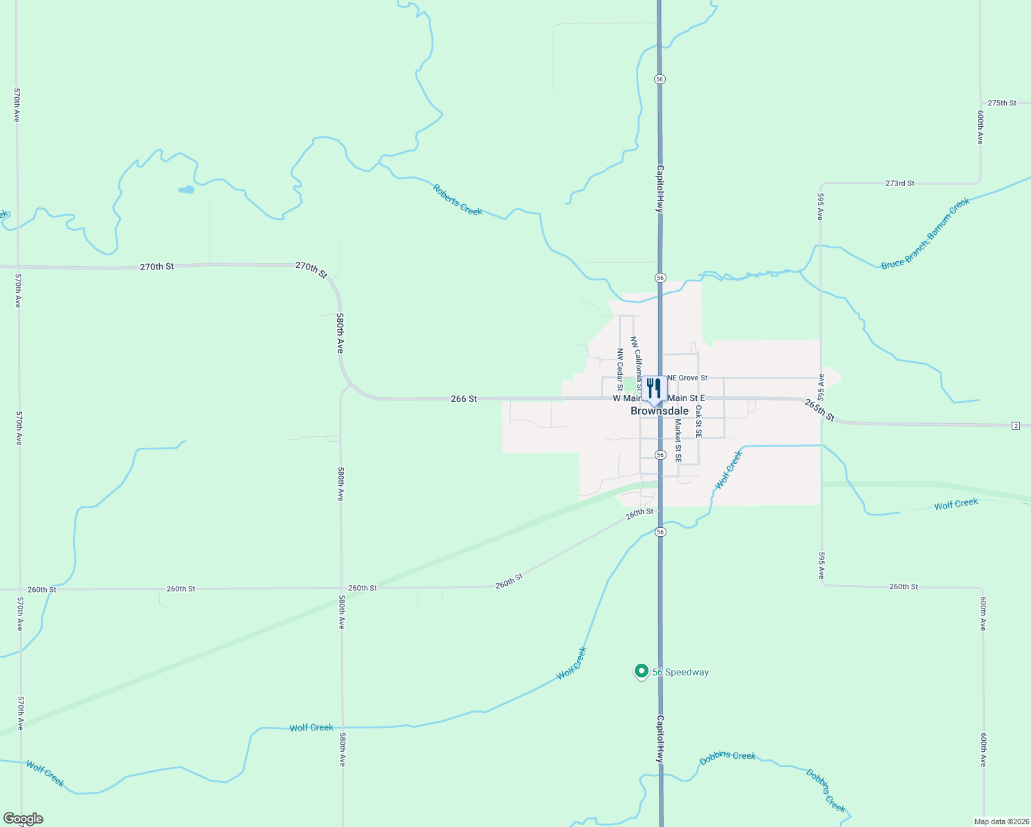 map of restaurants, bars, coffee shops, grocery stores, and more near 509 Pleasant Street in Brownsdale