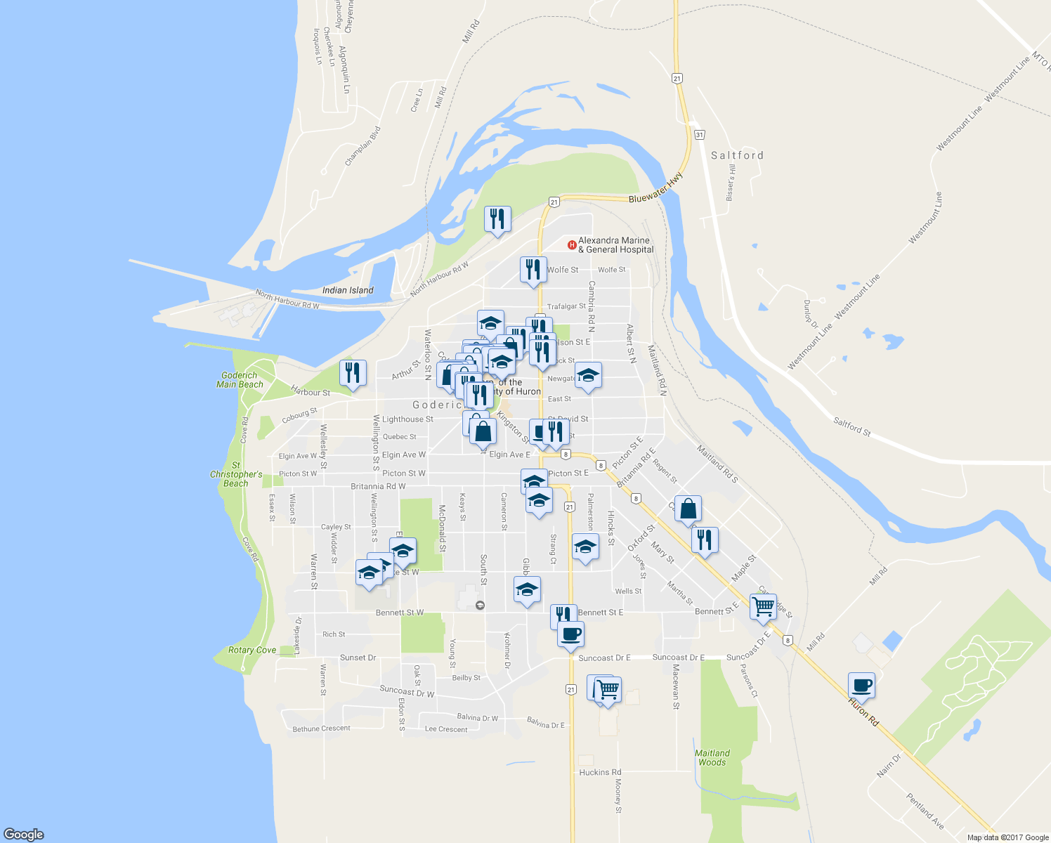 map of restaurants, bars, coffee shops, grocery stores, and more near 54 Saint David Street in Goderich