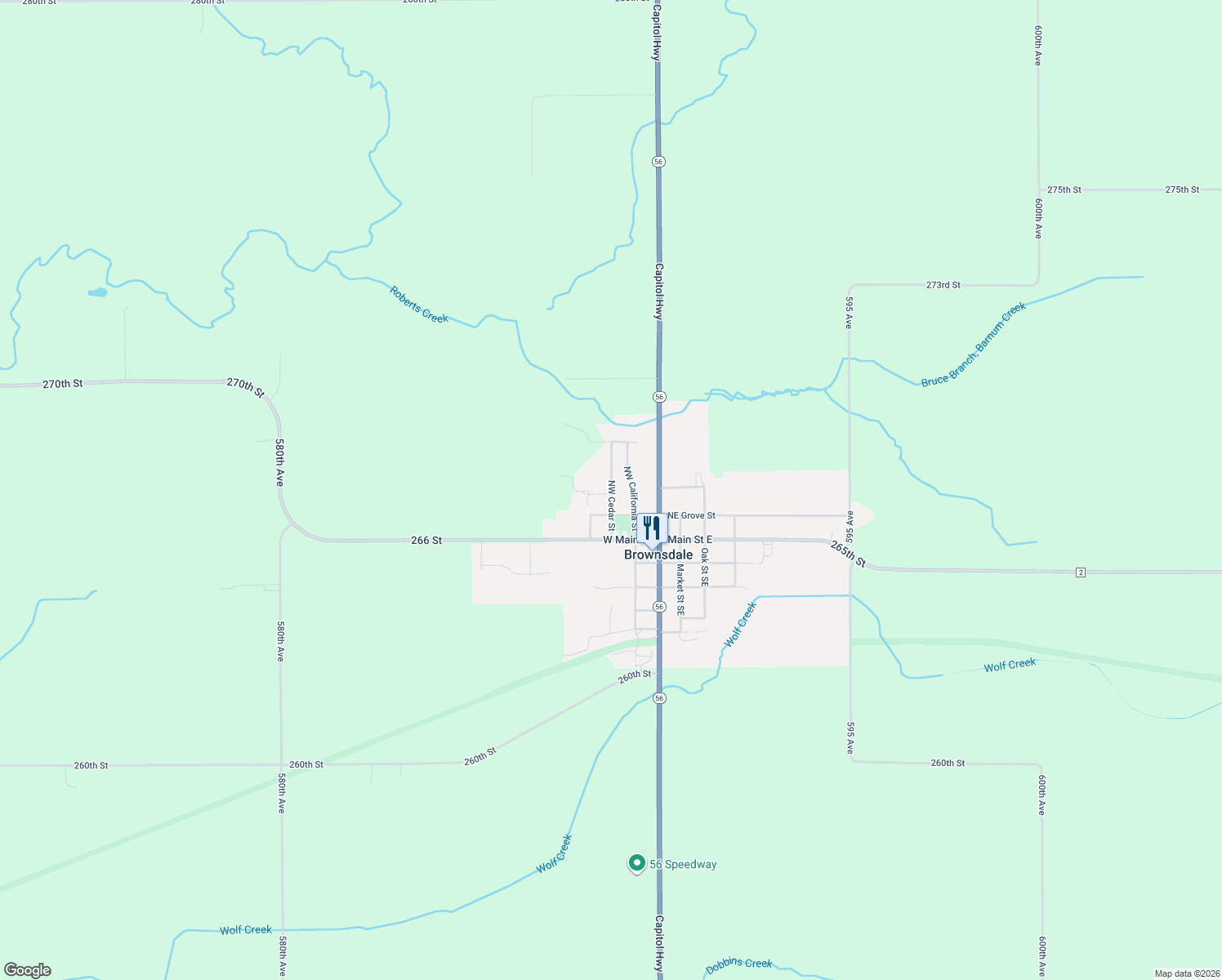 map of restaurants, bars, coffee shops, grocery stores, and more near 309 Northwest Cedar Street in Brownsdale