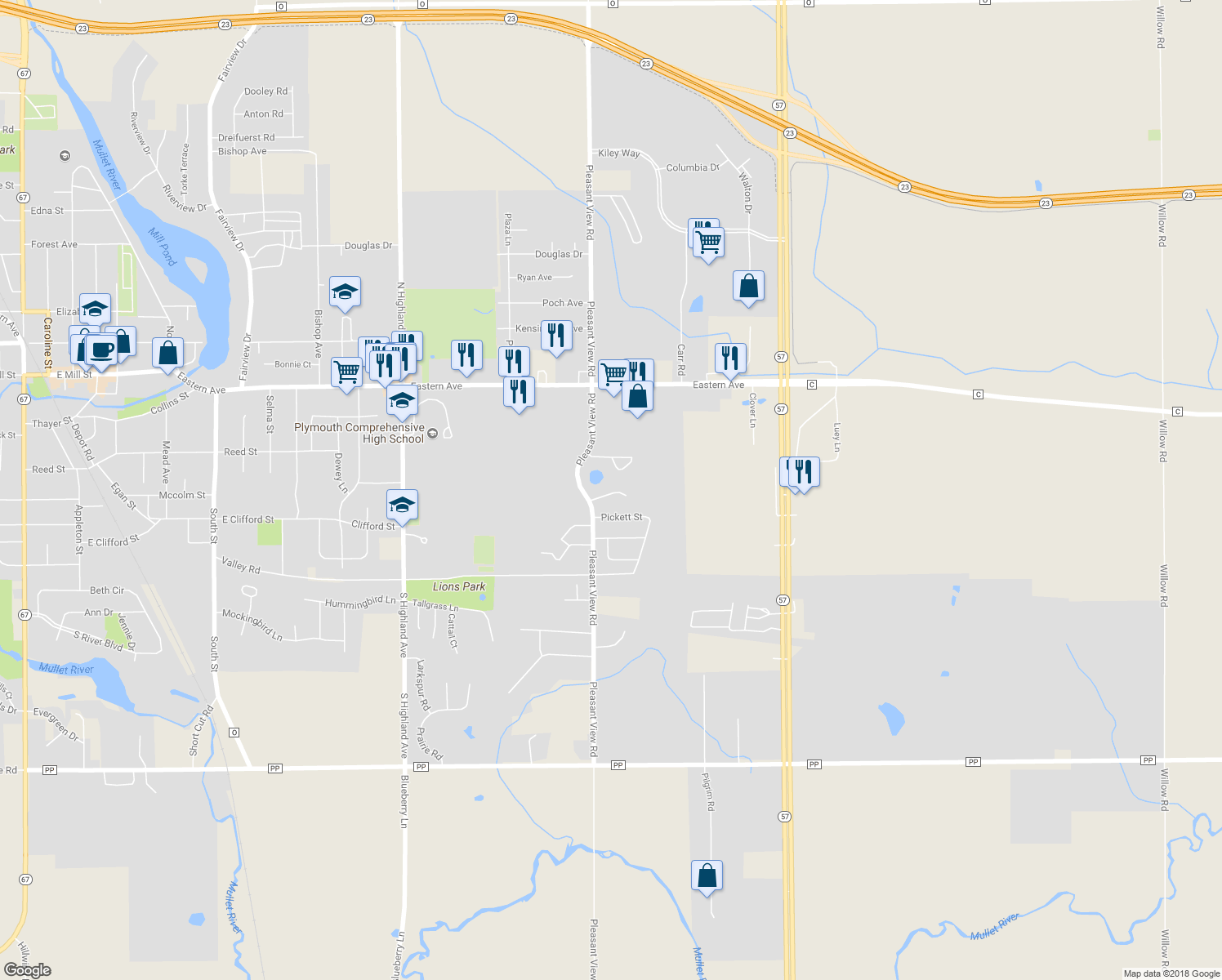 map of restaurants, bars, coffee shops, grocery stores, and more near 345 Pleasant View Road in Plymouth