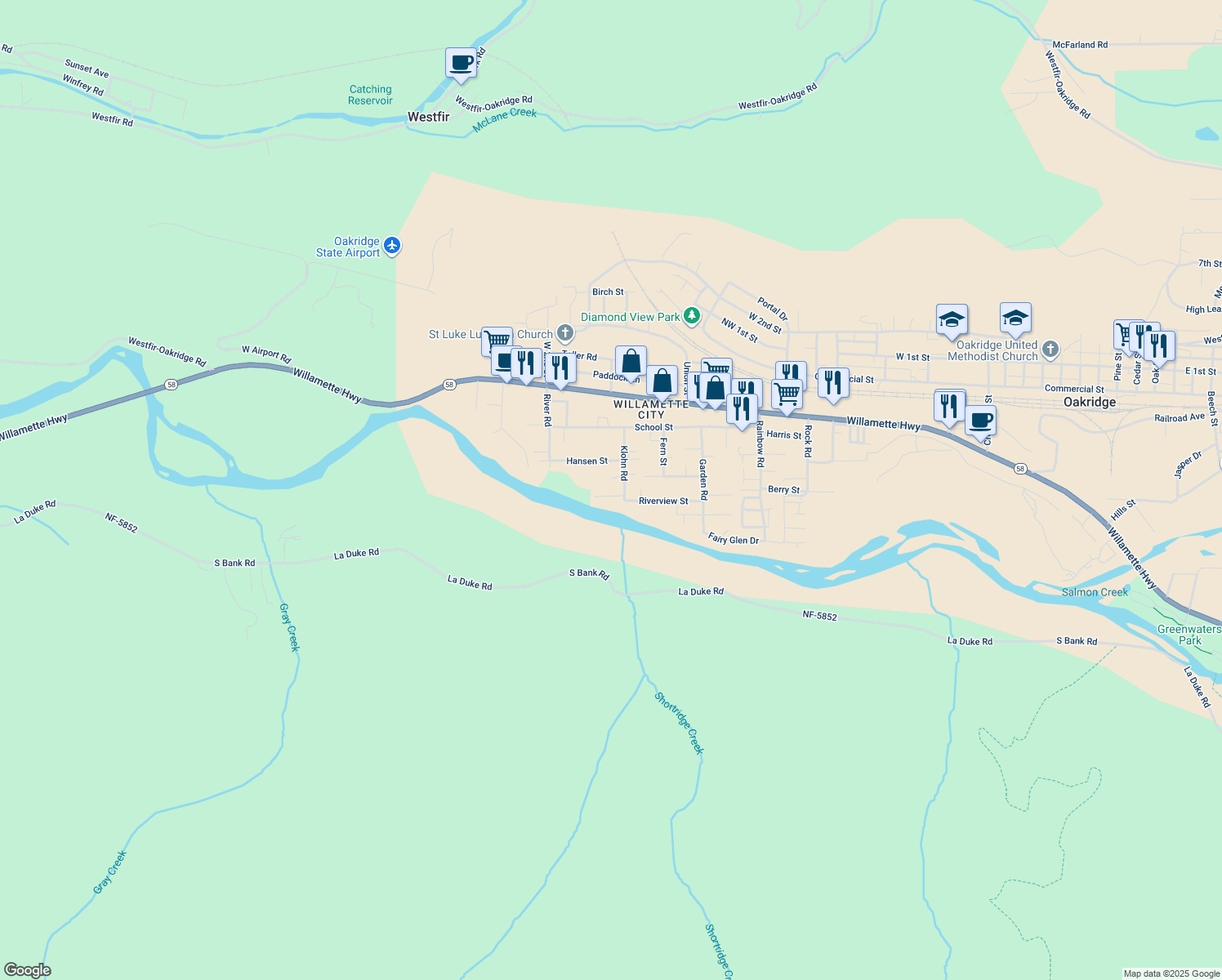 map of restaurants, bars, coffee shops, grocery stores, and more near 47539 Perkins Street in Oakridge