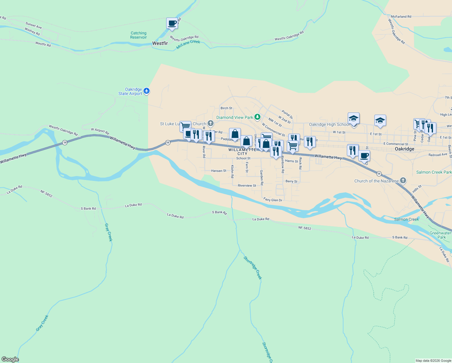 map of restaurants, bars, coffee shops, grocery stores, and more near 47533 Perkins Street in Oakridge