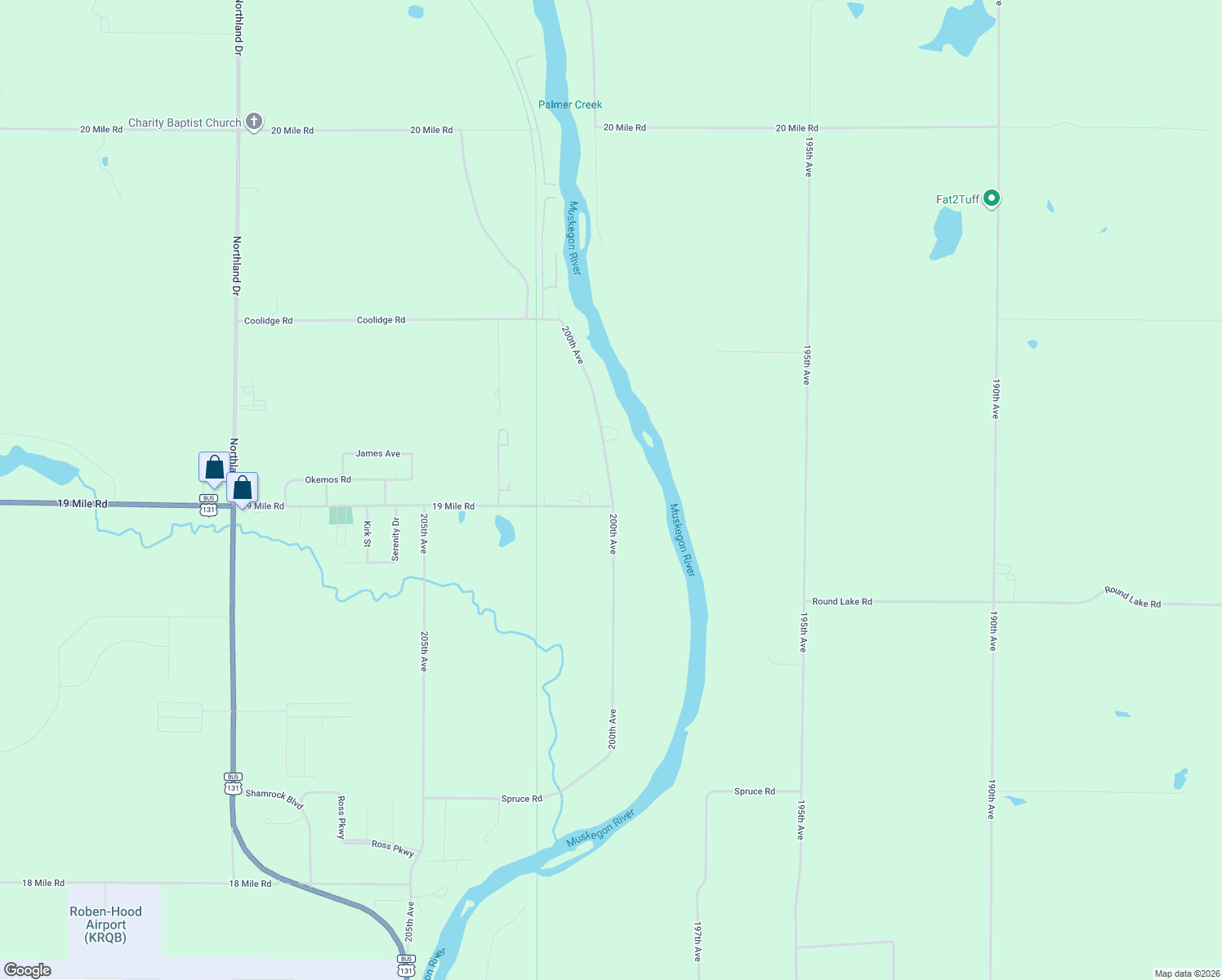 map of restaurants, bars, coffee shops, grocery stores, and more near 19222 200th Avenue in Big Rapids