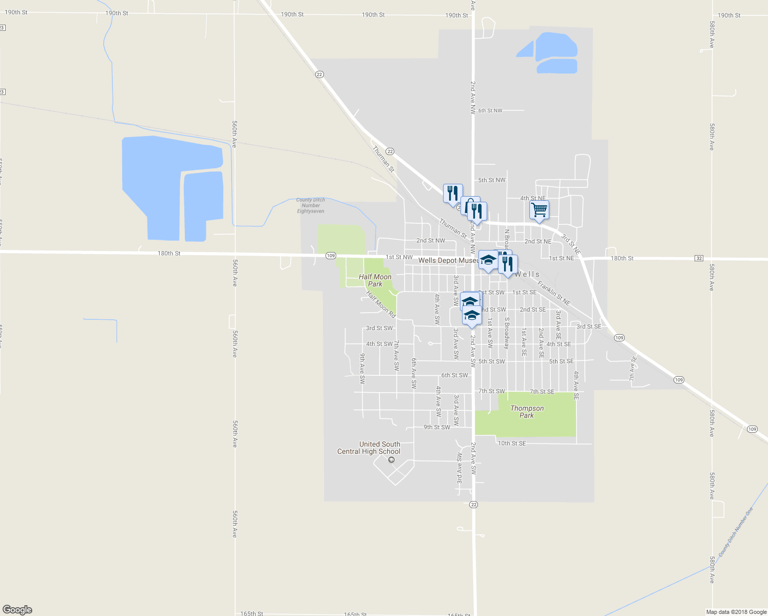 map of restaurants, bars, coffee shops, grocery stores, and more near 801 2nd Street Southwest in Wells