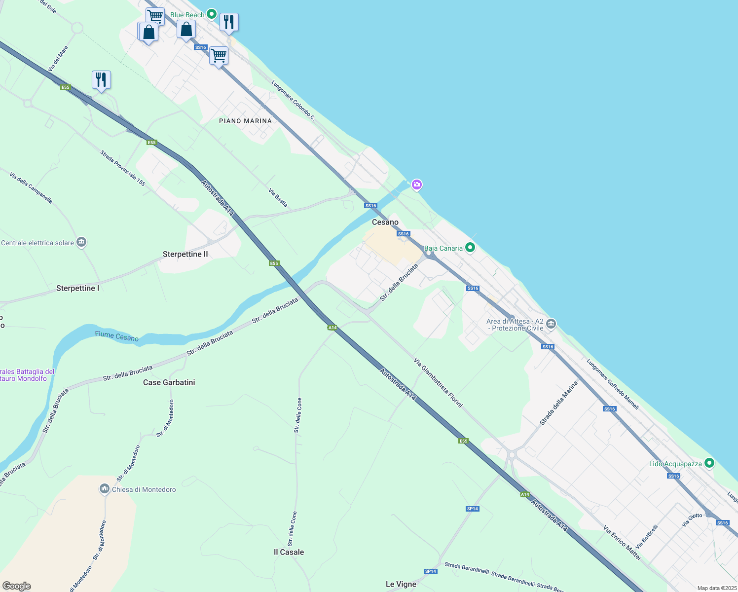 map of restaurants, bars, coffee shops, grocery stores, and more near 2 Strada della Bruciata in Cesano