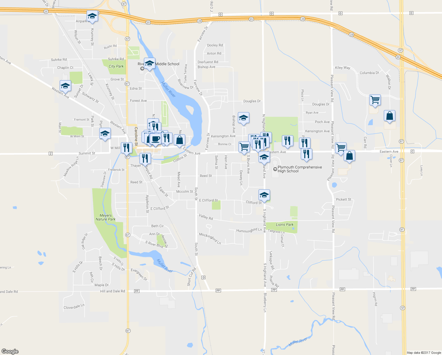 map of restaurants, bars, coffee shops, grocery stores, and more near 1015 Reed Street in Plymouth