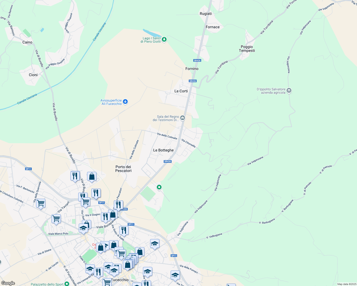 map of restaurants, bars, coffee shops, grocery stores, and more near 46 Via Pistoiese in Le Botteghe