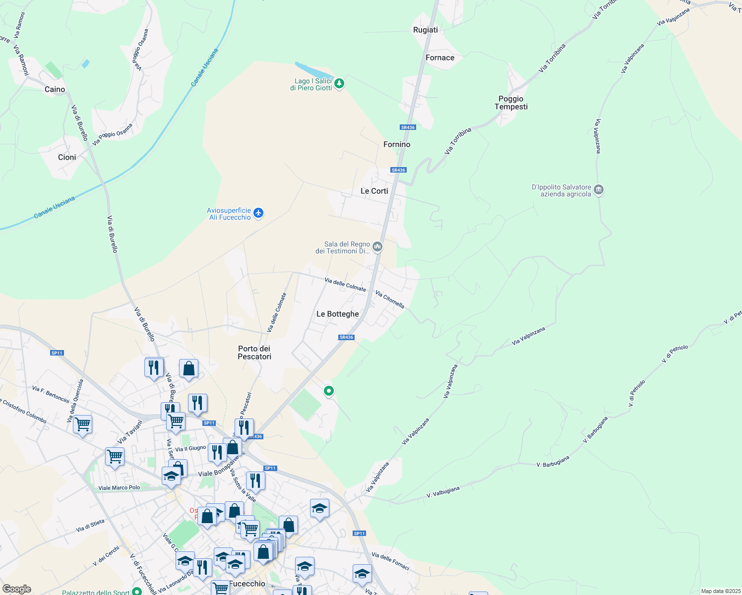 map of restaurants, bars, coffee shops, grocery stores, and more near 46 Via Pistoiese in Le Botteghe