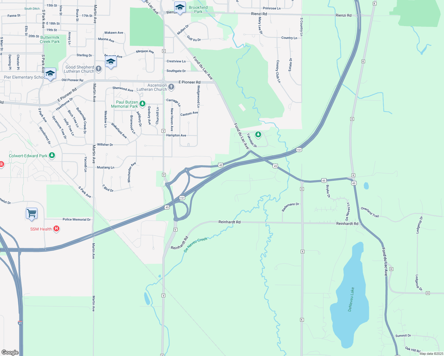 map of restaurants, bars, coffee shops, grocery stores, and more near W5107 Valley Creek Road in Fond du Lac