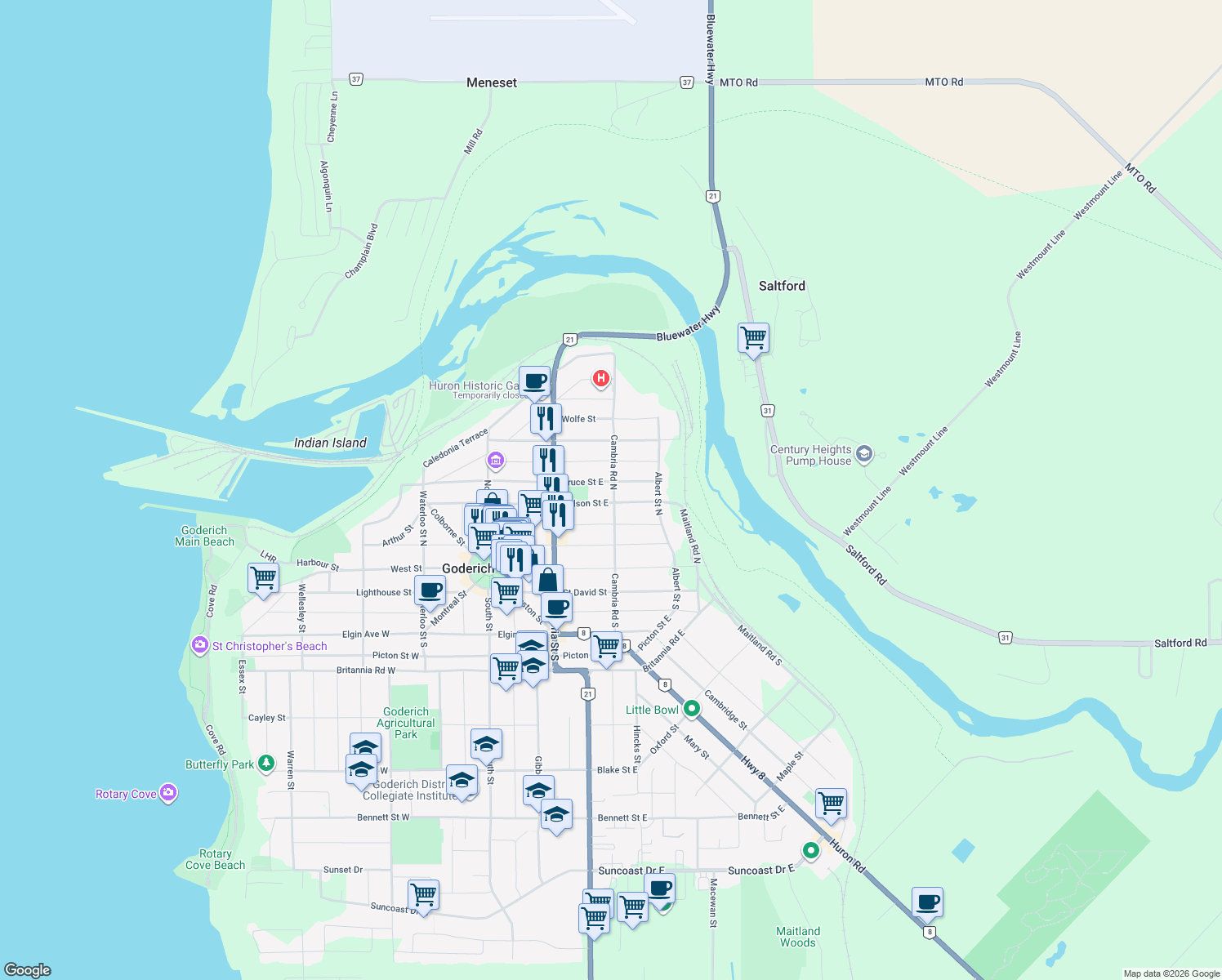 map of restaurants, bars, coffee shops, grocery stores, and more near 85 Cambria Road North in Goderich